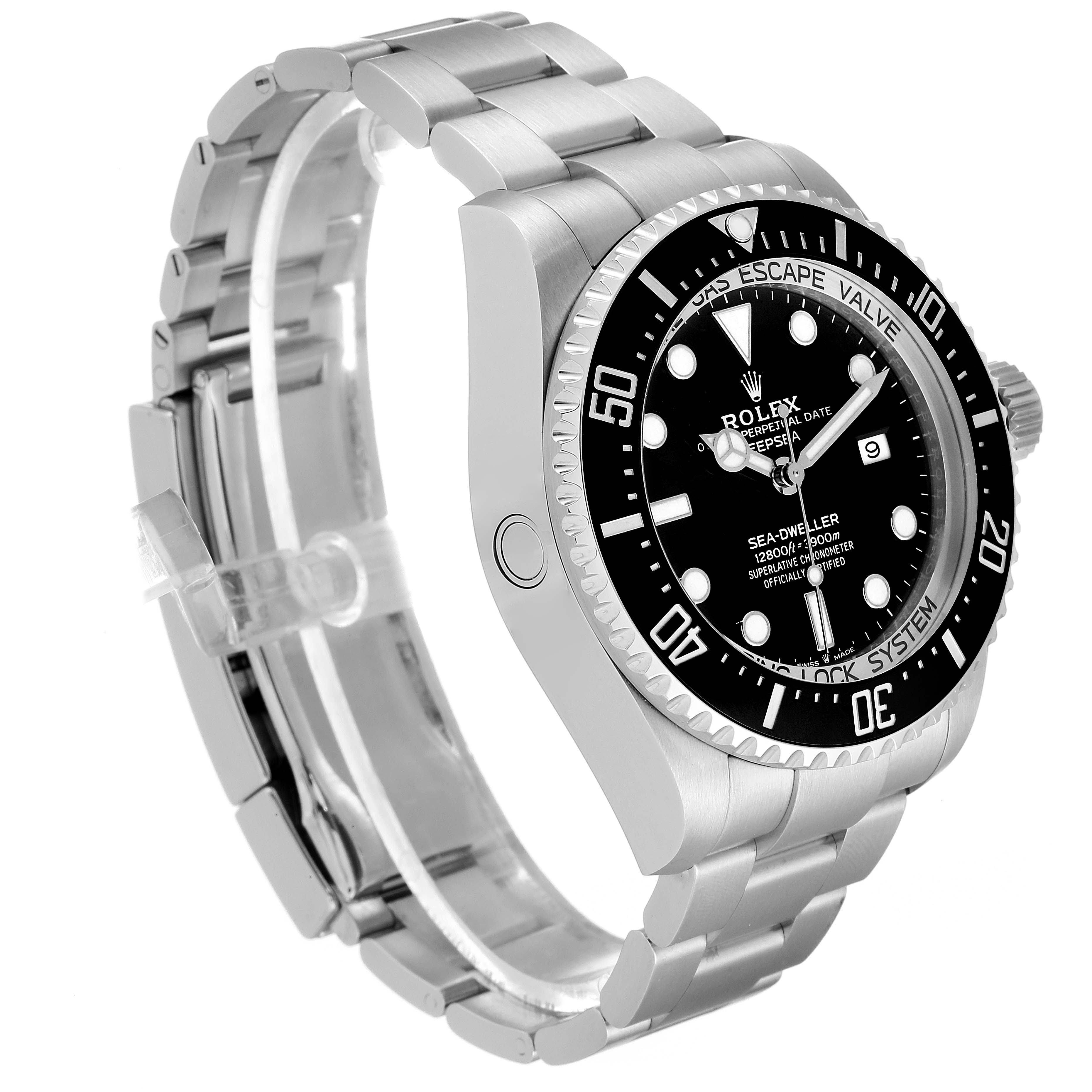The angled view showcases the watch face, bezel, crown, and bracelet of the Rolex Sea-Dweller 126660 Men
s Stainless Steel Black Dial 126660 Men
s Stainless Steel Black Dial.