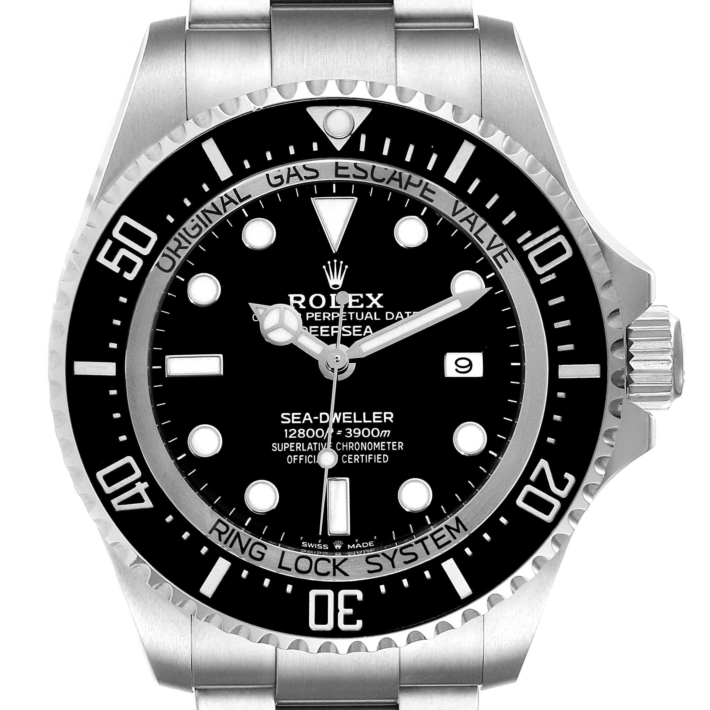 The image shows a front view of the Rolex Sea-Dweller 126660 Men
s Stainless Steel Black Dial 126660 Men
s Stainless Steel Black Dial watch, highlighting the dial, bezel, and part of the bracelet.