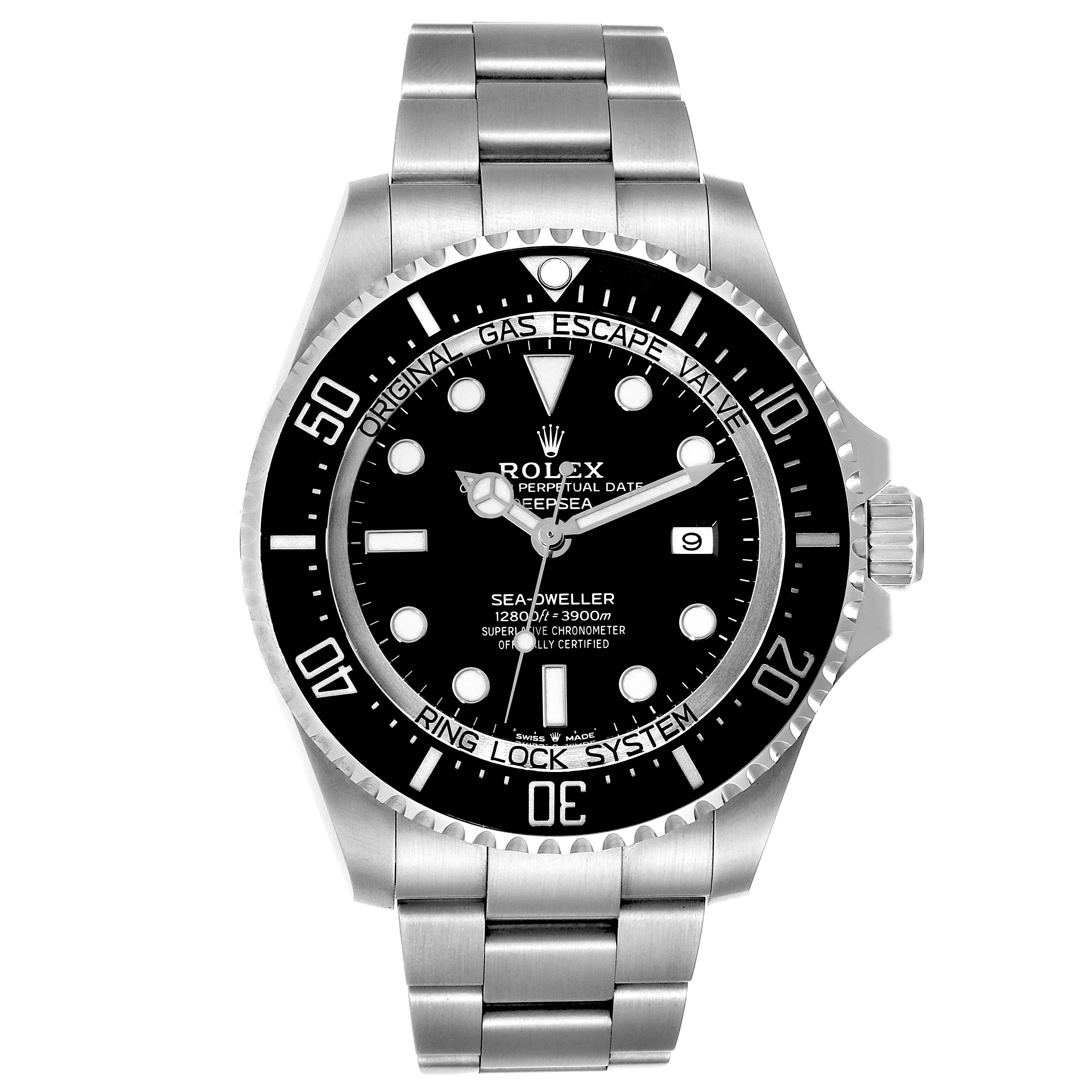 The image shows a front view of the Rolex Sea-Dweller 126660 Men's Stainless Steel Black Dial 126660 Men's Stainless Steel Black Dial watch, highlighting its dial, bezel, and bracelet.