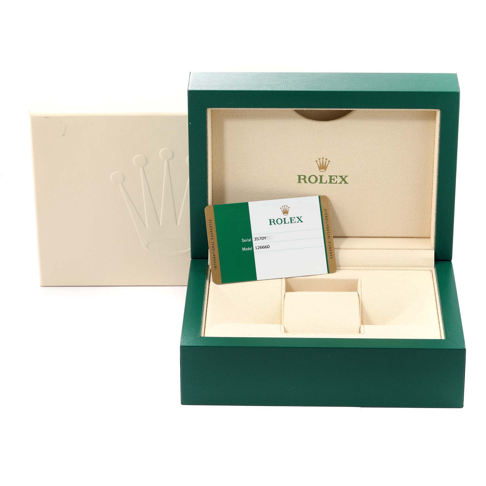 The image shows an open Rolex Sea-Dweller 126660 Men's Stainless Steel Black Dial 126660 Men's Stainless Steel Black Dial box with a guarantee card placed inside the box.