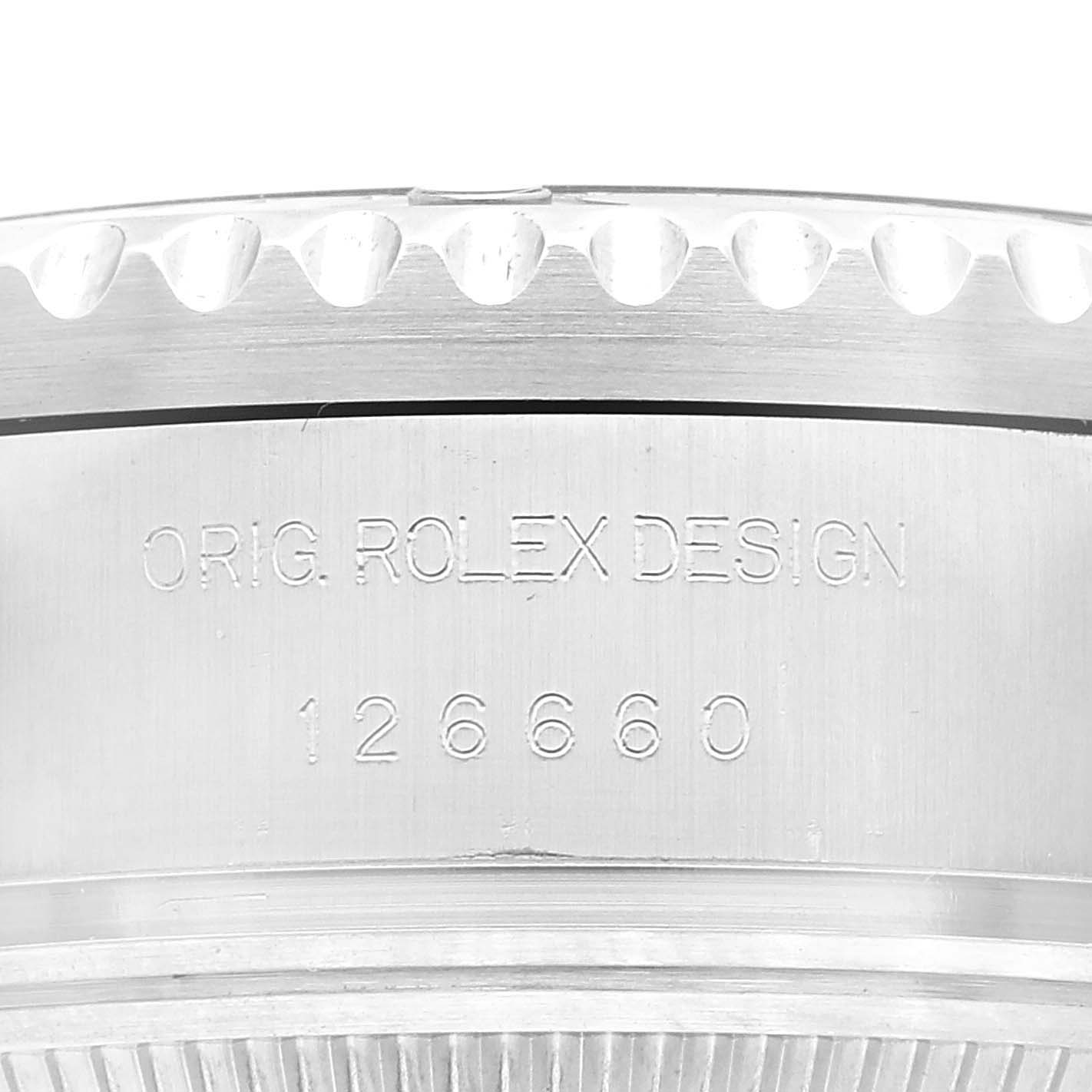 The image shows a close-up of the case side of the Rolex Sea-Dweller 126660 Men's Stainless Steel Black Dial 126660 Men's Stainless Steel Black Dial watch, highlighting the engraving "ORIG. ROLEX DESIGN 126660".