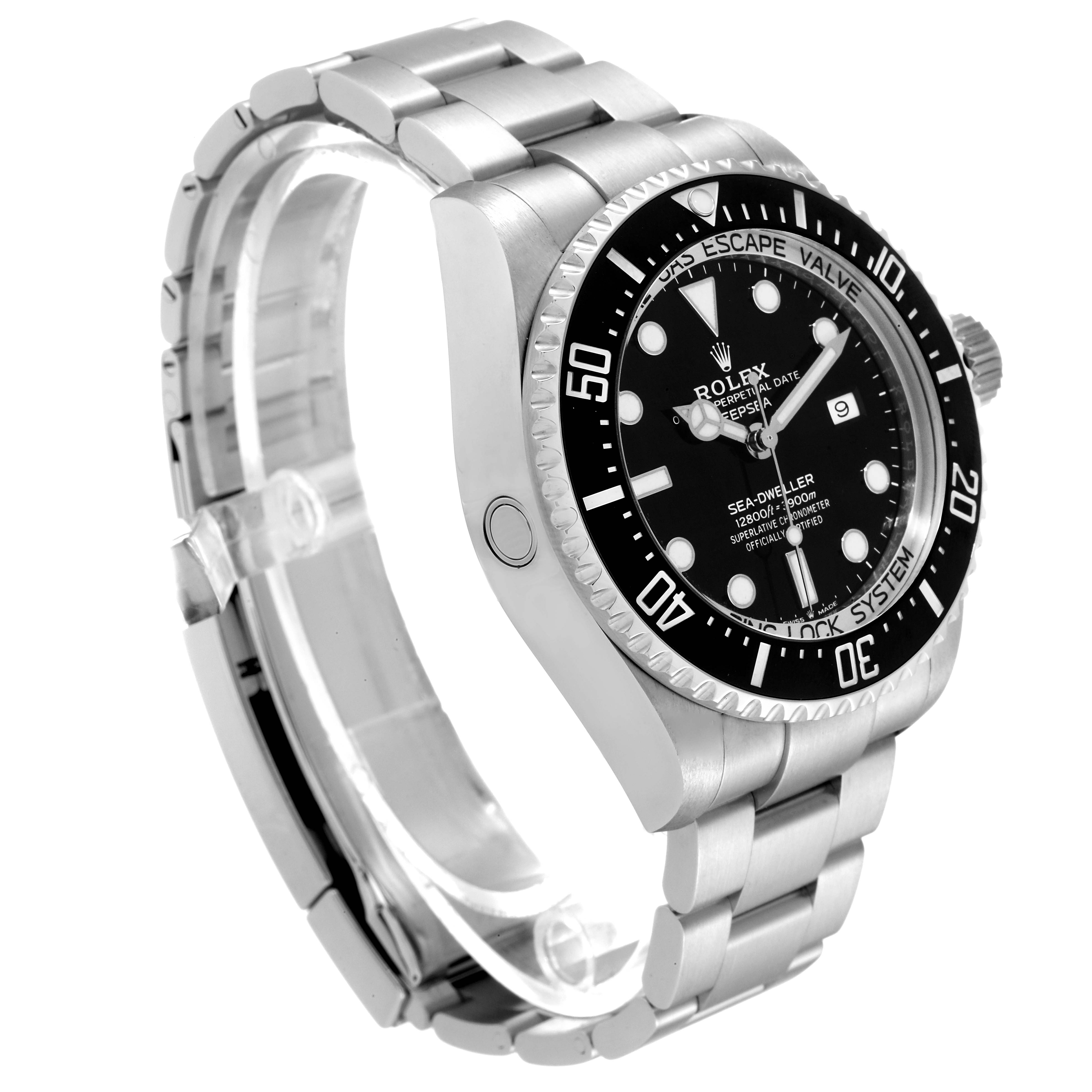 The image shows a side angle of the Rolex Sea-Dweller 126660 Men's Stainless Steel Black Dial 126660 Men's Stainless Steel Black Dial watch, highlighting its bracelet, bezel, and crown.