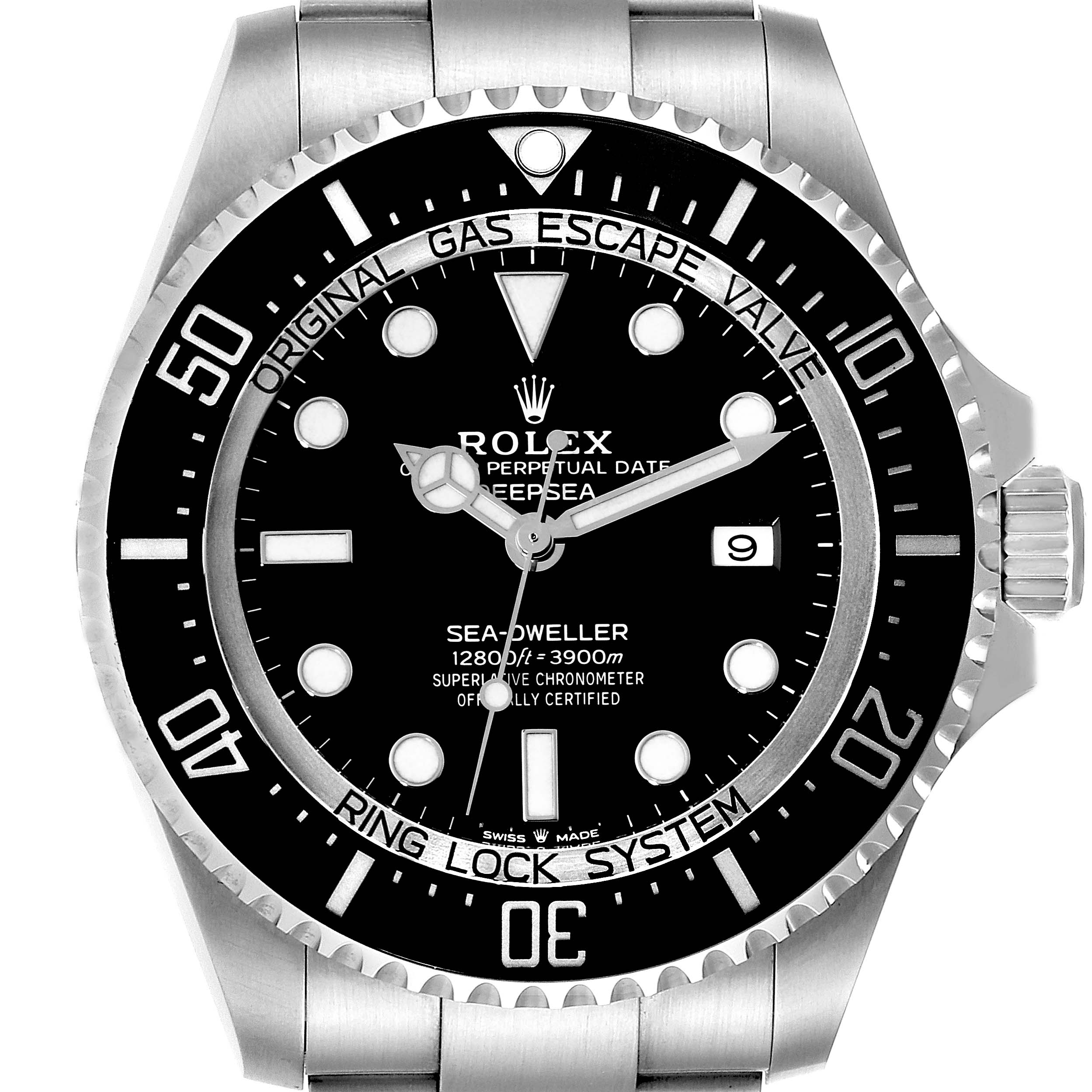 This image showcases the front view of the Rolex Sea-Dweller 126660 Men's Stainless Steel Black Dial 126660 Men's Stainless Steel Black Dial watch, highlighting the dial, bezel, and crown.