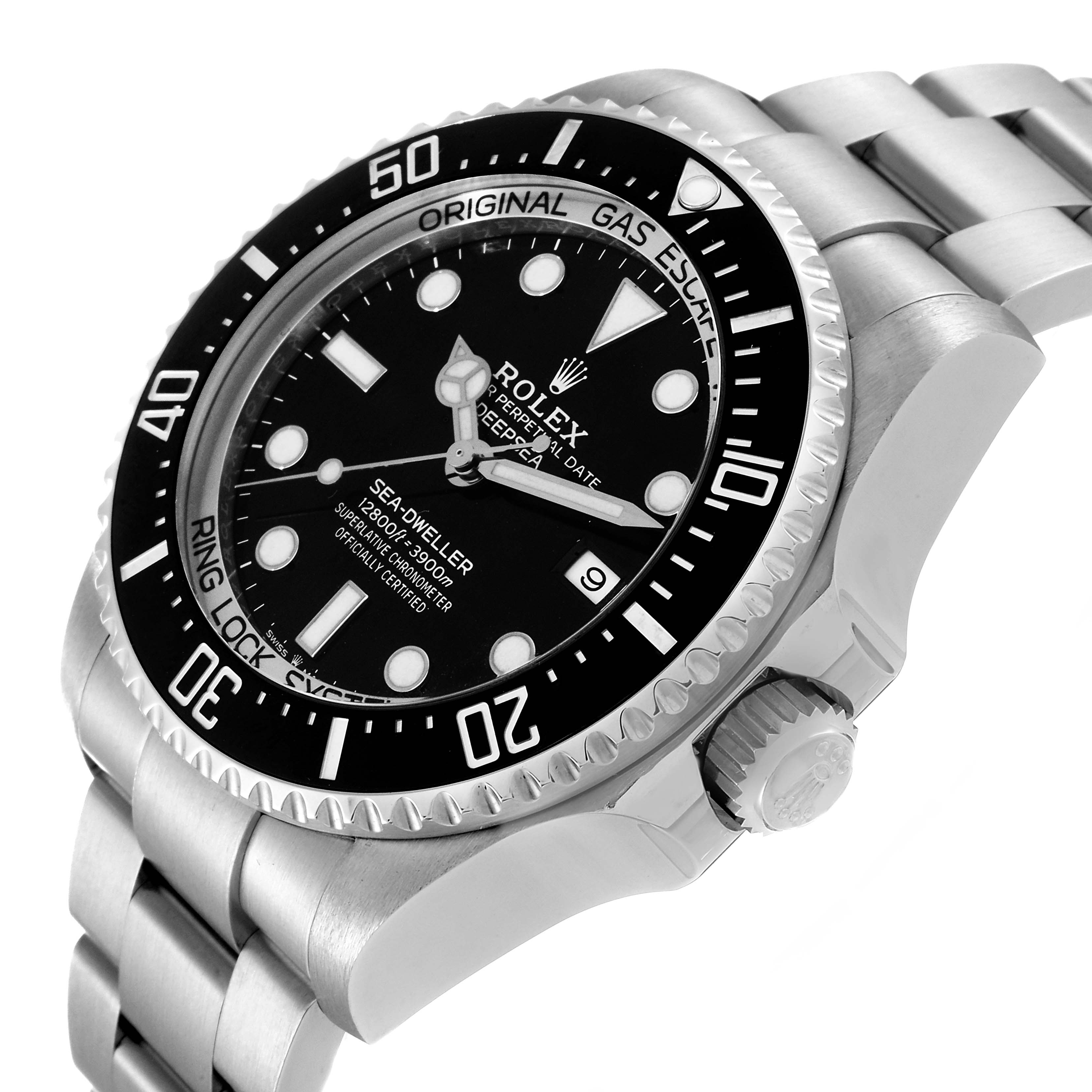 The image shows a side and angled view of the Rolex Sea-Dweller 126660 Men's Stainless Steel Black Dial 126660 Men's Stainless Steel Black Dial watch, highlighting the dial, bezel, bracelet, and crown.