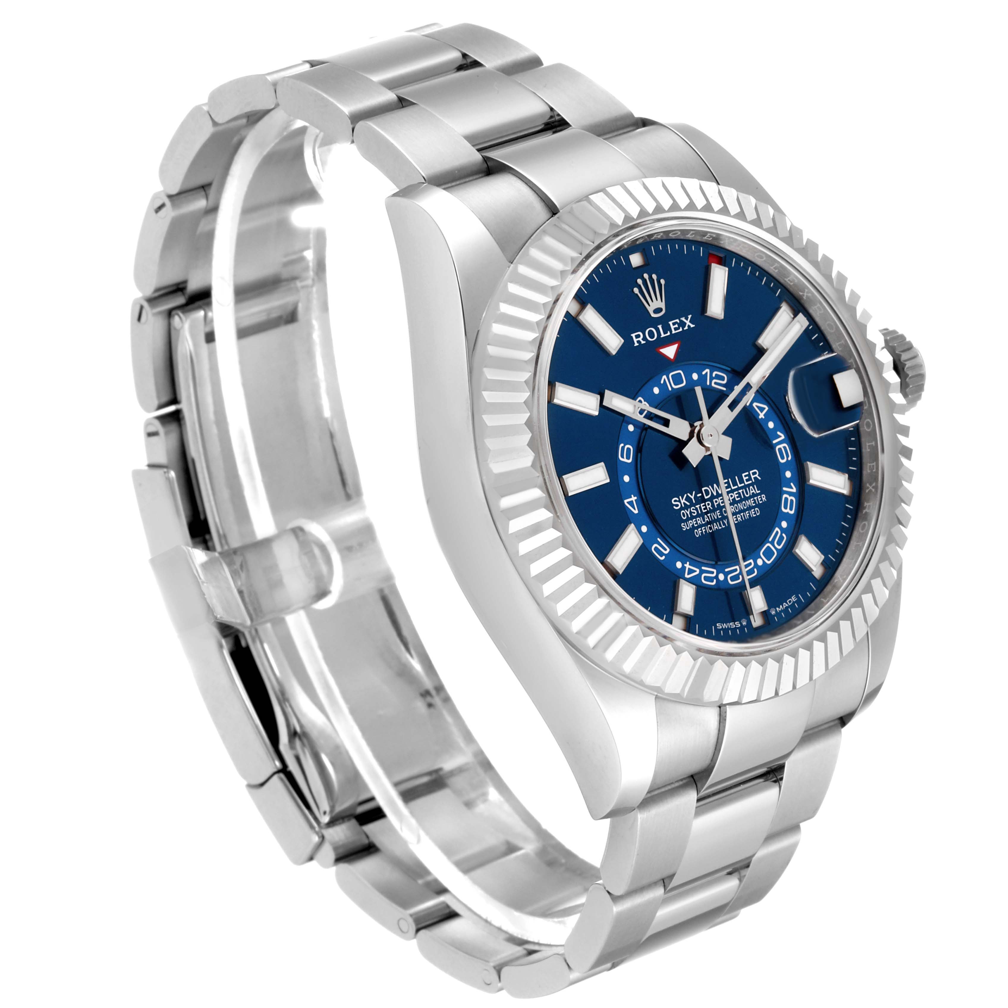 This image shows a side-angle view of the Rolex Sky-Dweller 336934 Men
s Stainless Steel Blue Dial 336934 Men
s Stainless Steel Blue Dial watch, highlighting its blue dial, bezel, case, and bracelet.