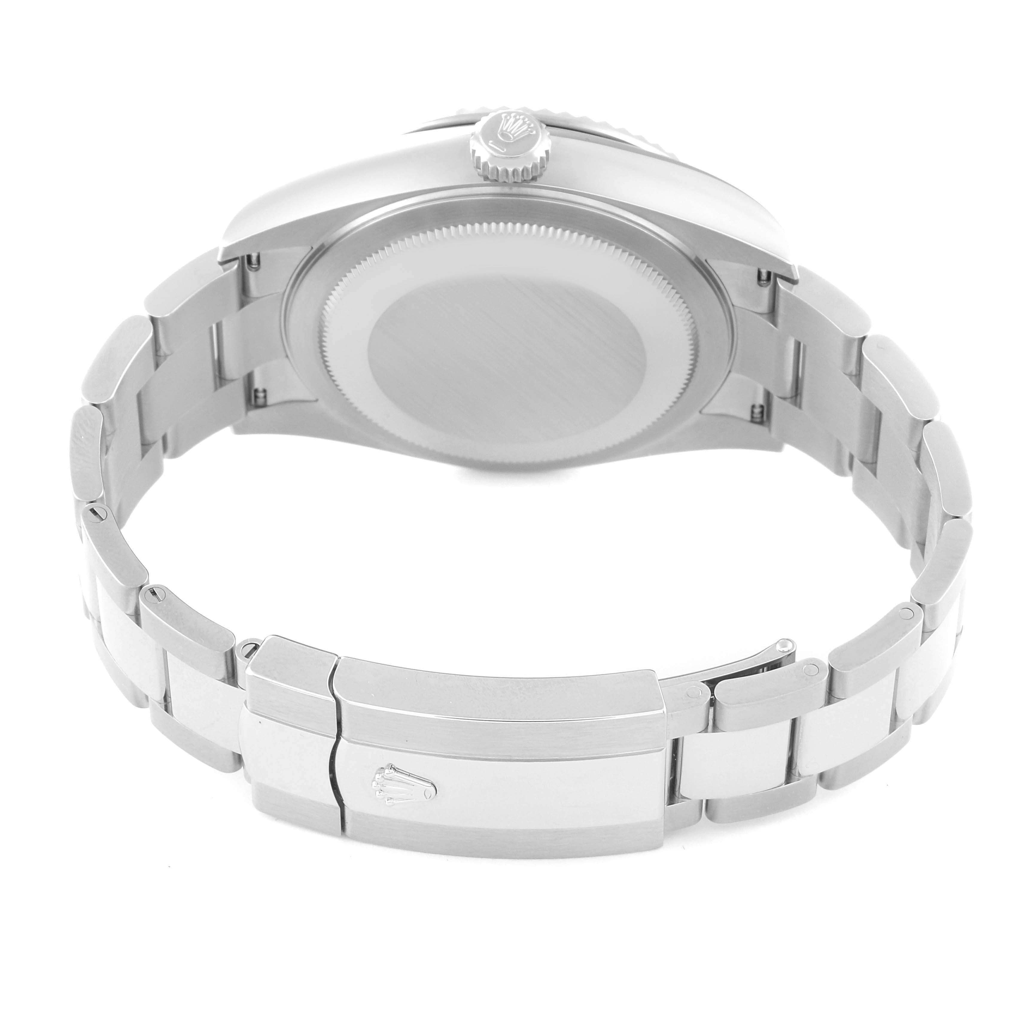 This image shows the back view of a Rolex Sky-Dweller 336934 Men
s Stainless Steel Blue Dial 336934 Men
s Stainless Steel Blue Dial watch, highlighting its bracelet, clasp, and caseback.