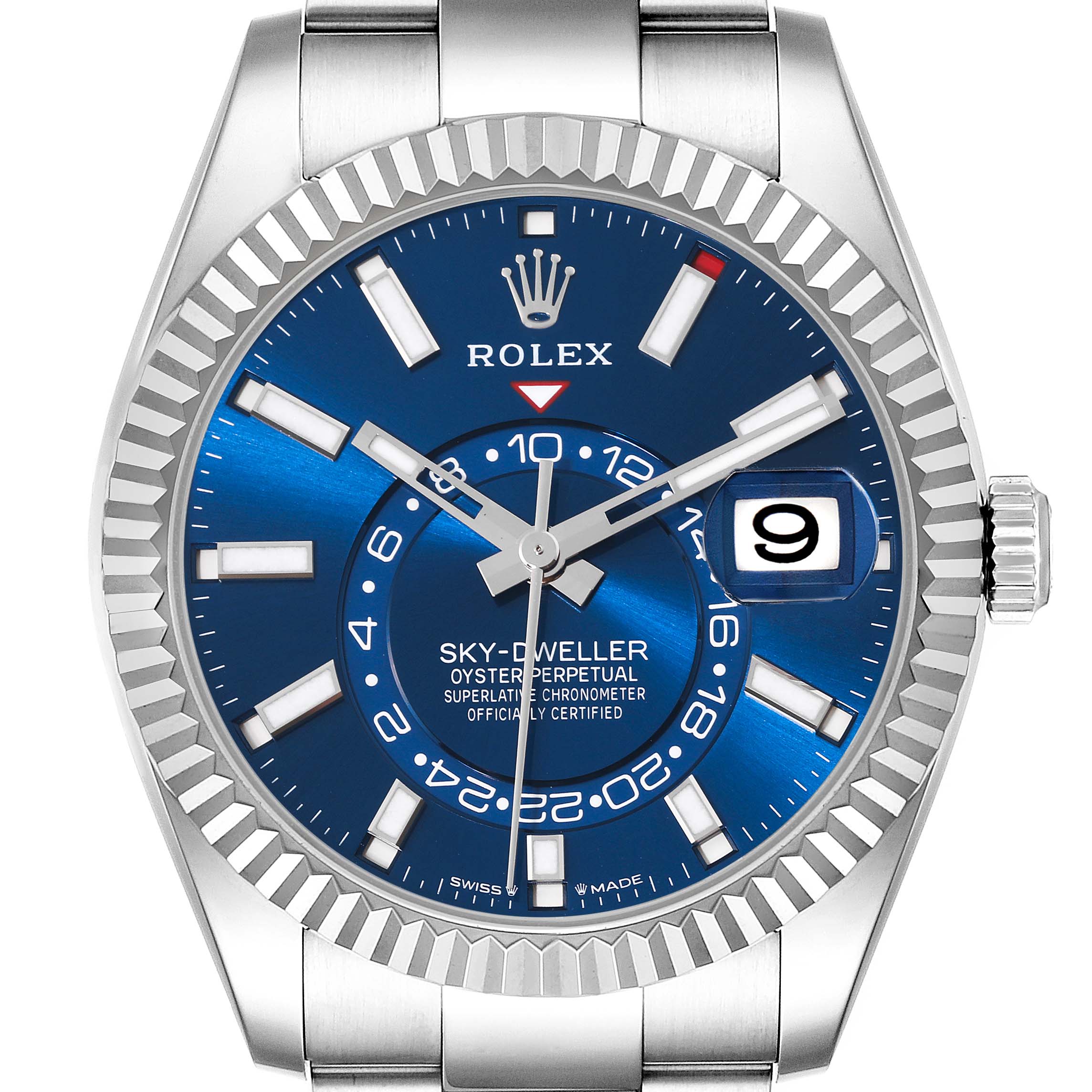 This image shows a front view of the Rolex Sky-Dweller 336934 Men
s Stainless Steel Blue Dial 336934 Men
s Stainless Steel Blue Dial watch with a blue dial, fluted bezel, and part of the bracelet.