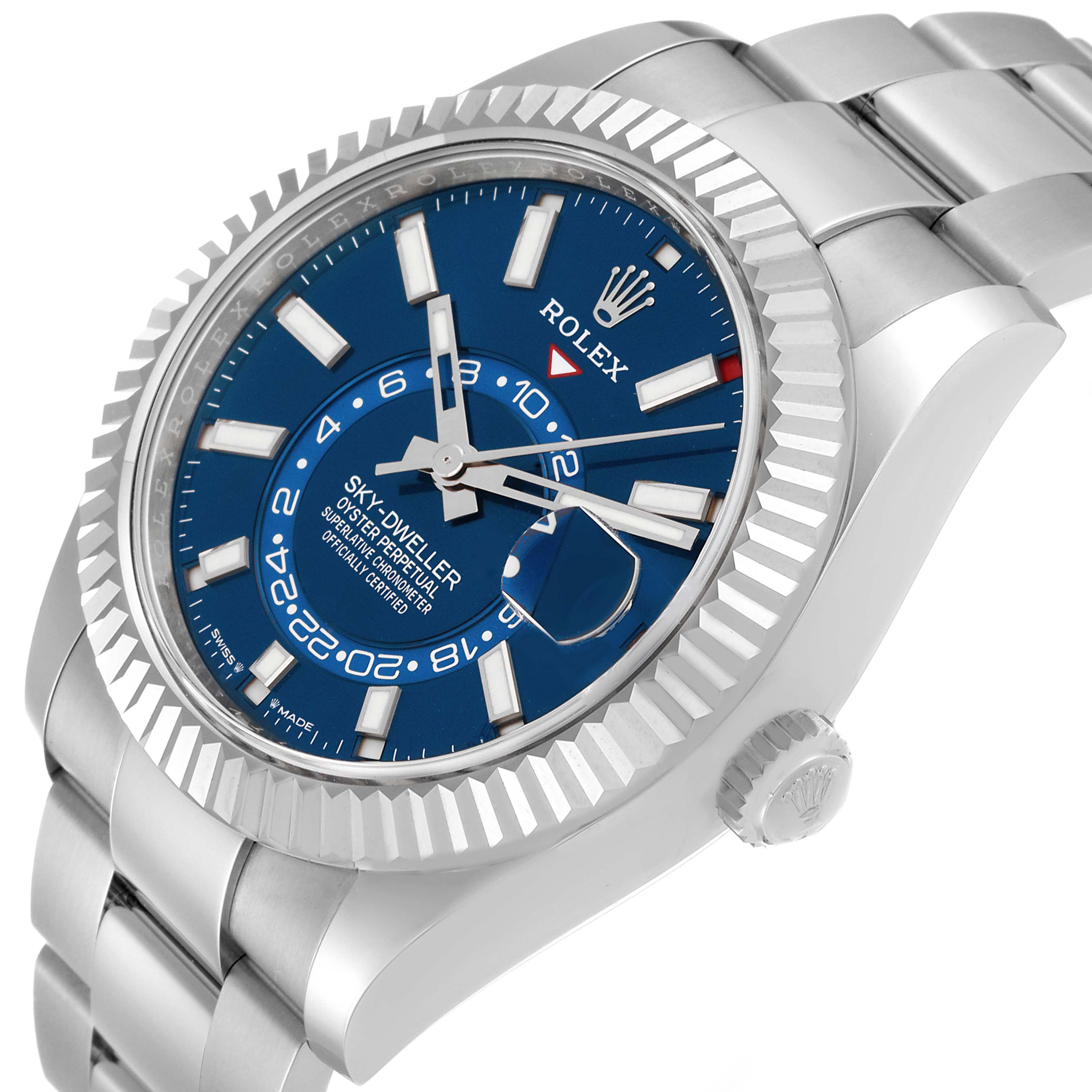 This image shows a side-angle view of a Rolex Sky-Dweller 336934 Men
s Stainless Steel Blue Dial 336934 Men
s Stainless Steel Blue Dial watch, highlighting its blue dial, fluted bezel, and partially the bracelet.