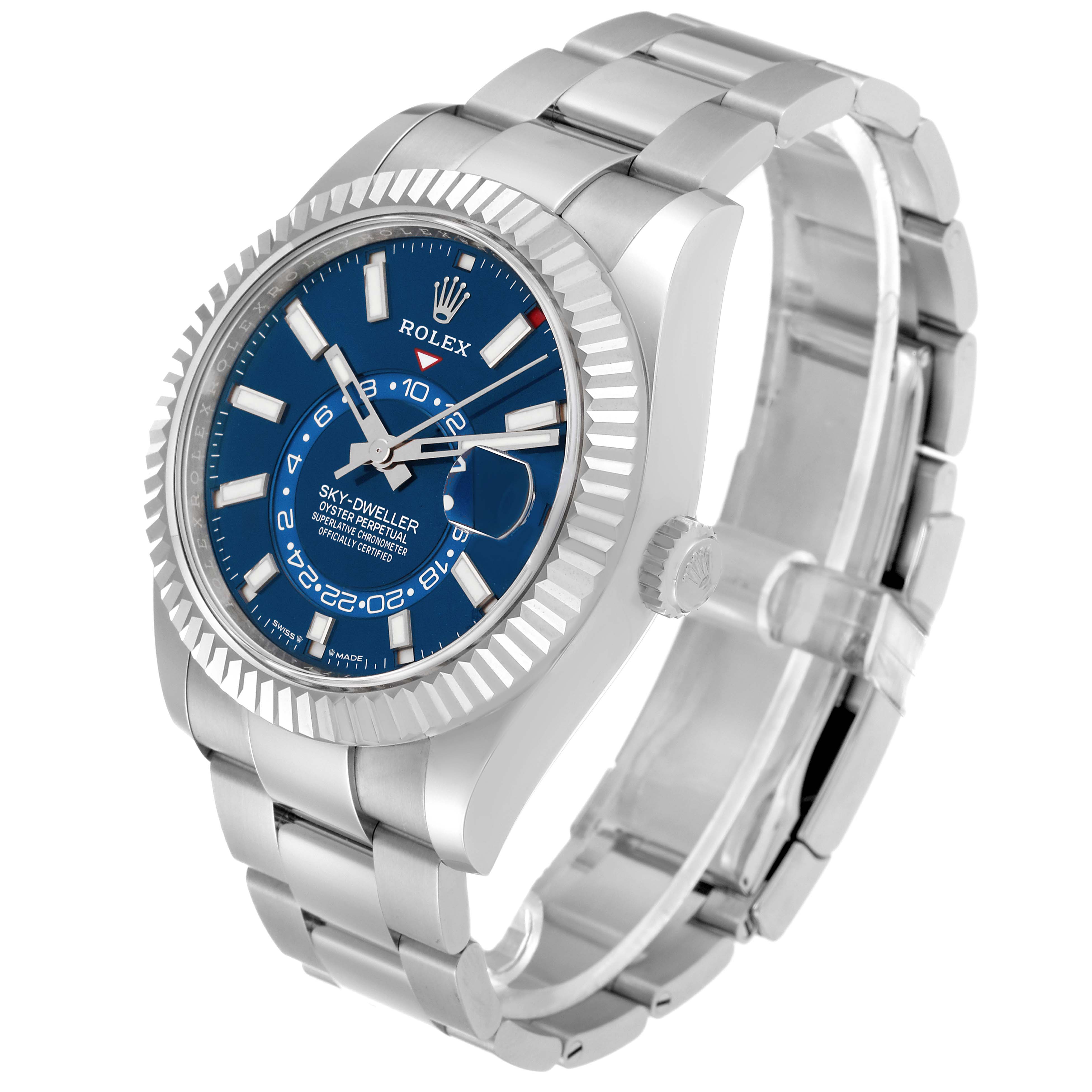 The image shows a Rolex Sky-Dweller 336934 Men
s Stainless Steel Blue Dial 336934 Men
s Stainless Steel Blue Dial watch from a front-side angle, highlighting the face, bezel, and bracelet.