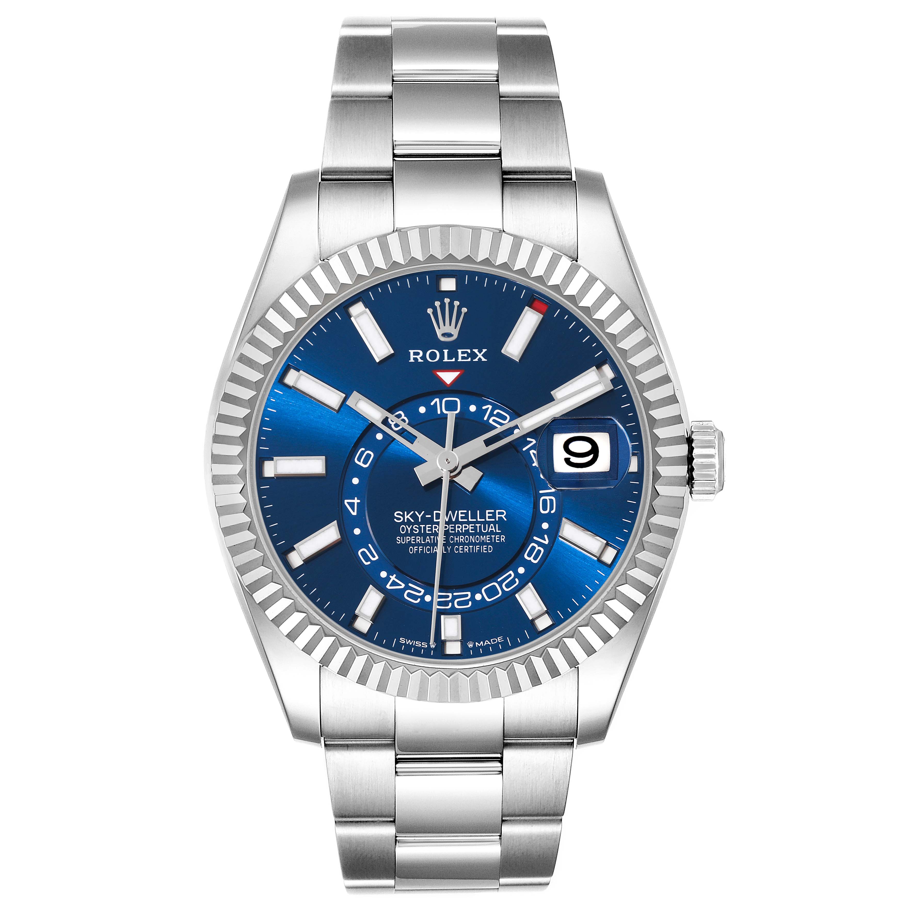 The image shows a front view of the Rolex Sky-Dweller 336934 Men
s Stainless Steel Blue Dial 336934 Men
s Stainless Steel Blue Dial watch, featuring its blue dial, fluted bezel, and Oyster bracelet.