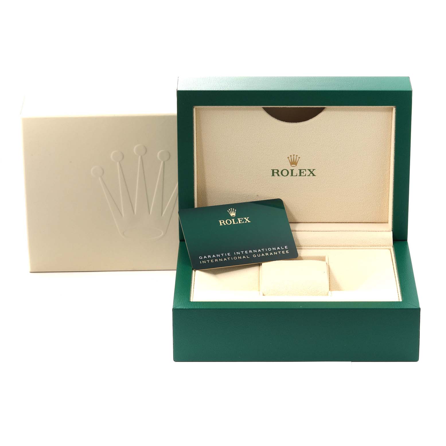 This image shows the open box and international guarantee card for a Rolex Sky-Dweller 336934 Men
s Stainless Steel Blue Dial 336934 Men
s Stainless Steel Blue Dial watch.