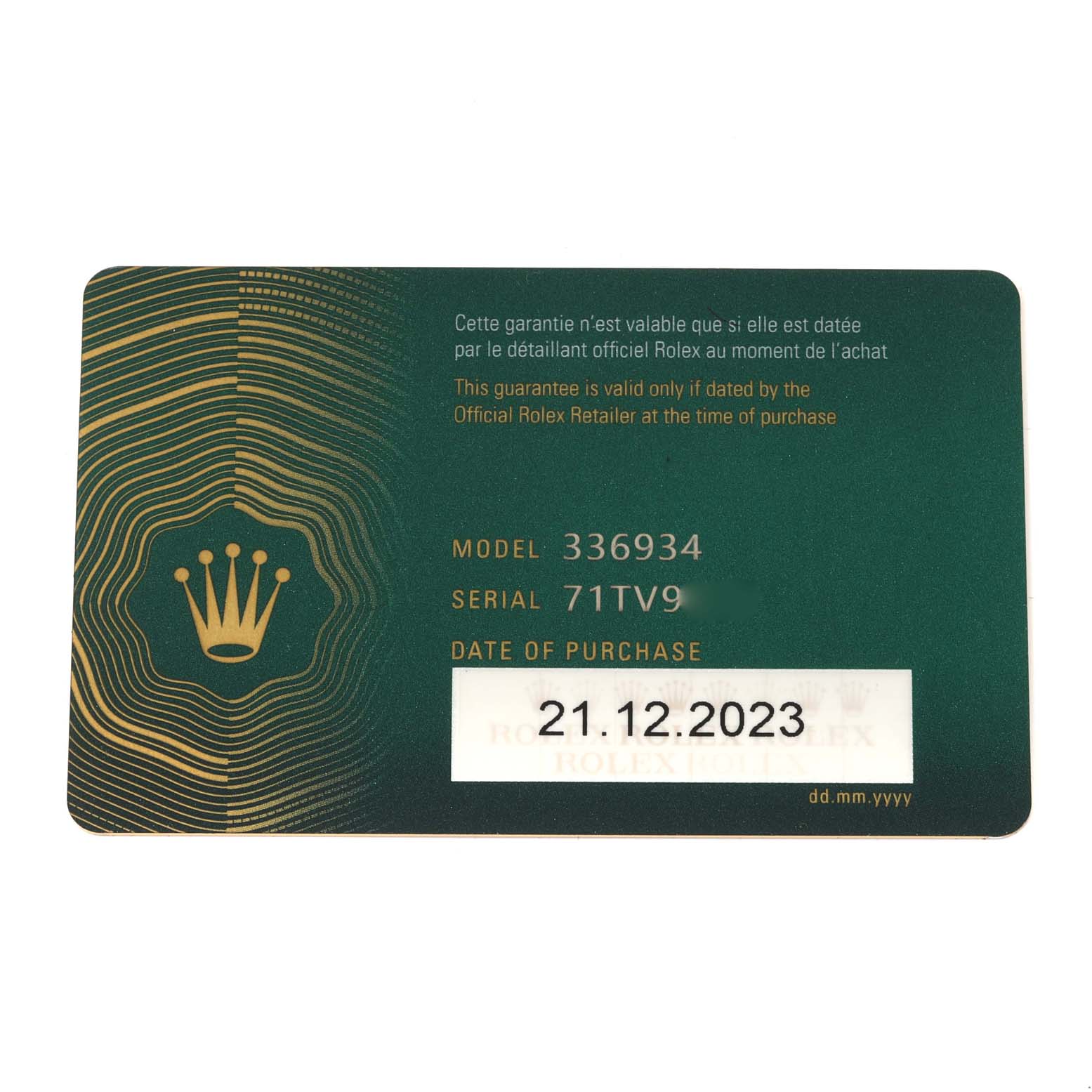 This image shows a warranty card for the Rolex Sky-Dweller 336934 Men
s Stainless Steel Blue Dial 336934 Men
s Stainless Steel Blue Dial model, including details like the model number, serial number, and purchase date.