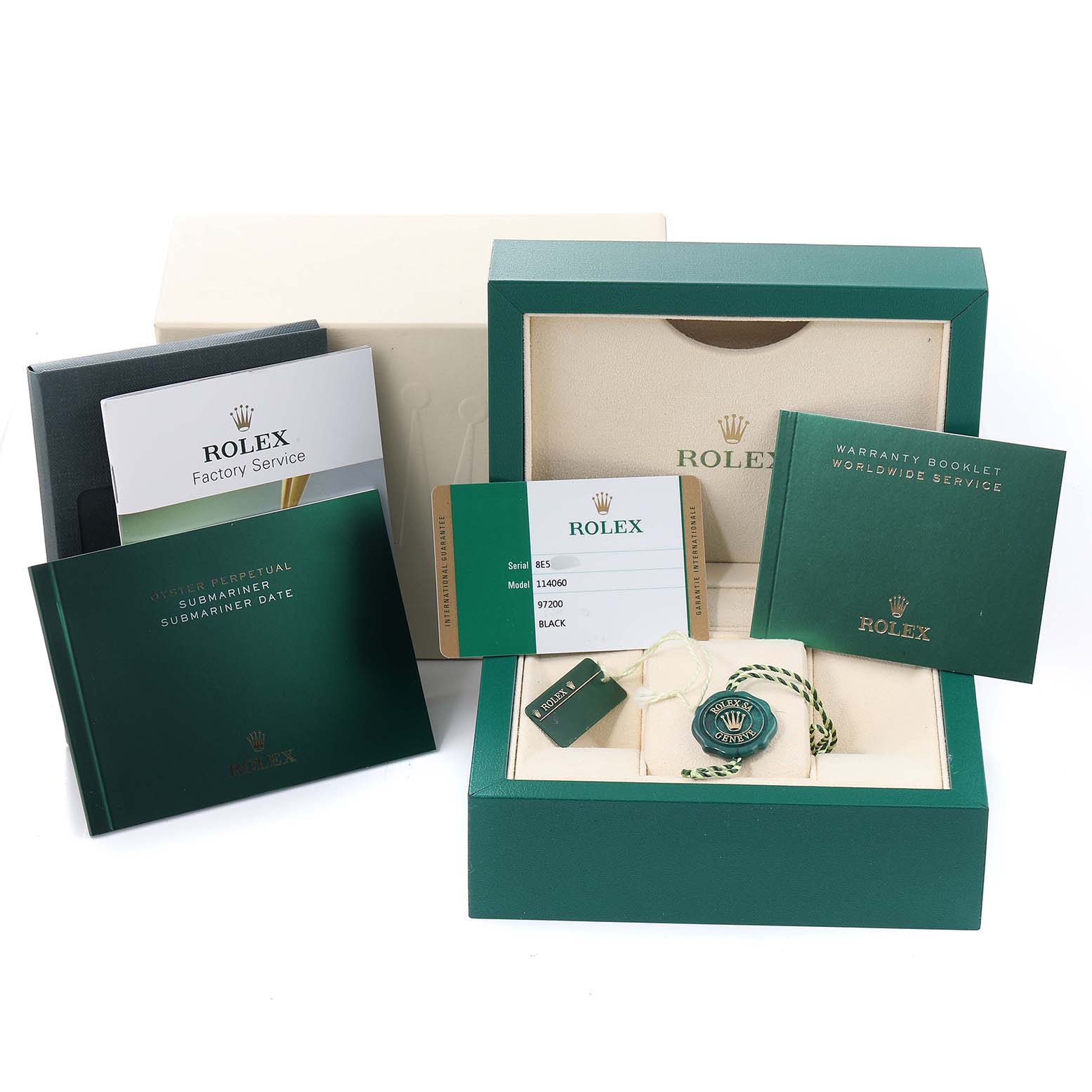 The image shows packaging and accessories for the Rolex Submariner 114060 Men
s Stainless Steel Black Dial 114060 Men
s Stainless Steel Black Dial, including booklets, warranty card, and tags, at a front angle.