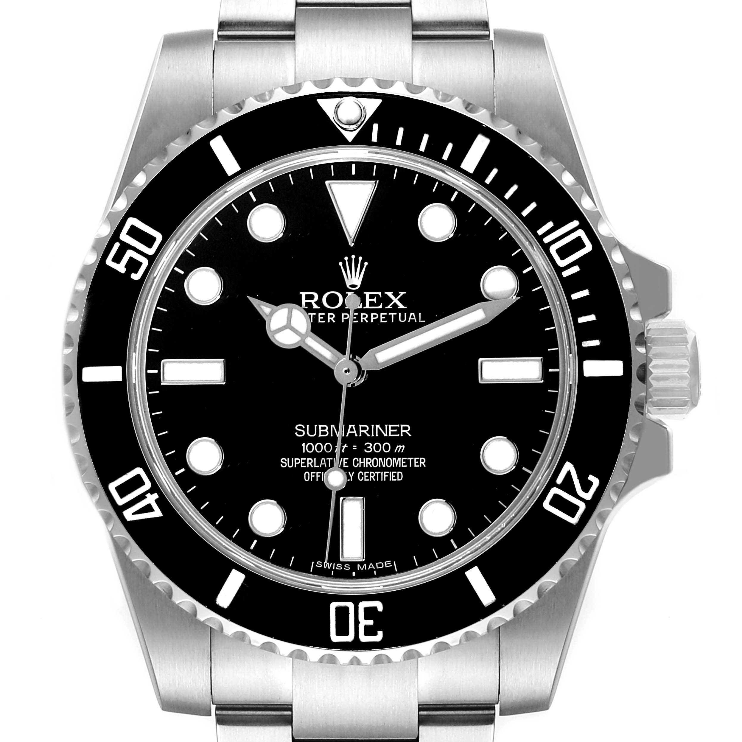 The image shows a front view of the Rolex Submariner 114060 Men
s Stainless Steel Black Dial 114060 Men
s Stainless Steel Black Dial watch including the bezel, dial, hands, and part of the bracelet.