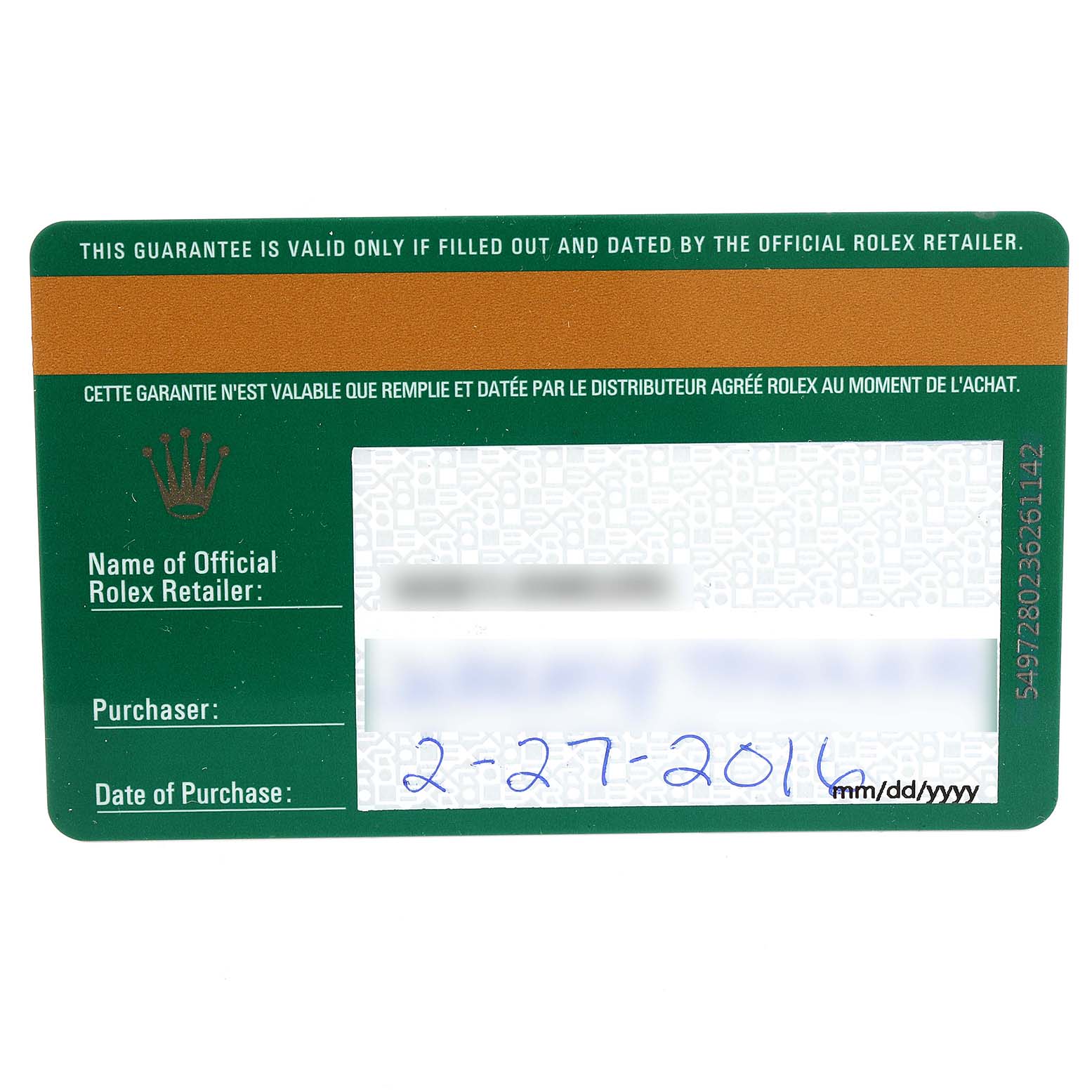 This image shows the guarantee card for a Rolex Submariner 114060 Men
s Stainless Steel Black Dial 114060 Men
s Stainless Steel Black Dial watch.