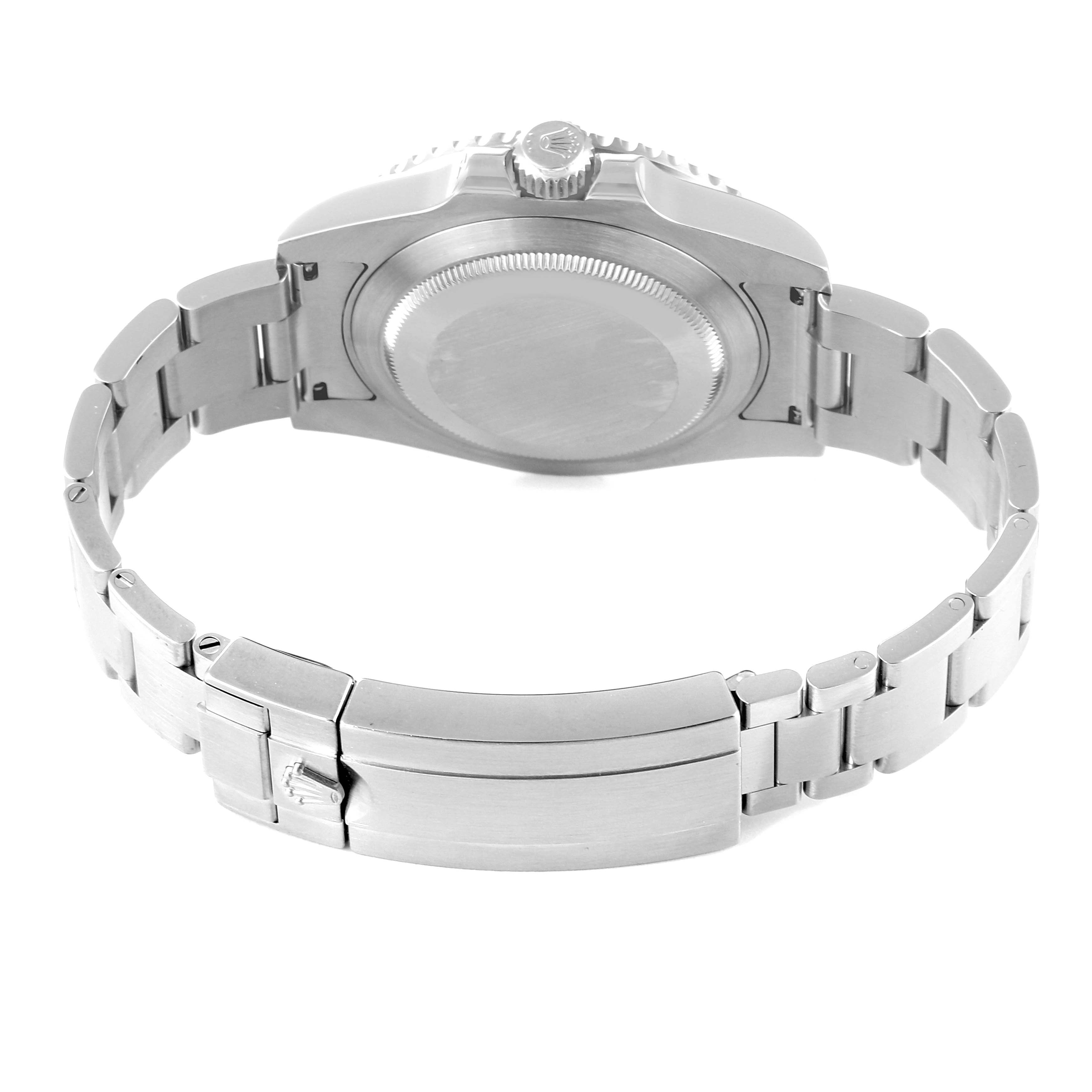 The image shows the back case, crown, and bracelet clasp of a Rolex Submariner 114060 Men
s Stainless Steel Black Dial 114060 Men
s Stainless Steel Black Dial watch.