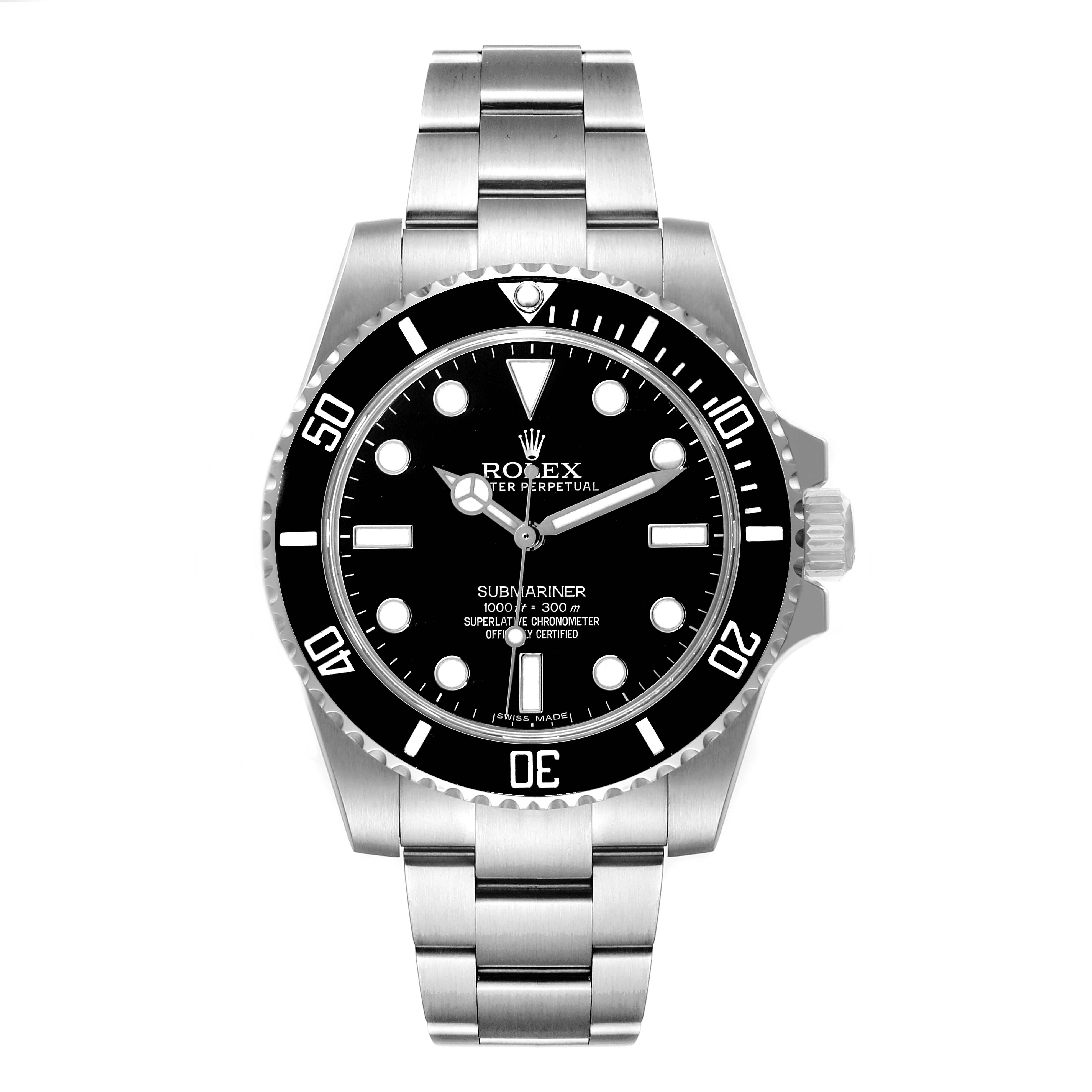 The image shows a front view of the Rolex Submariner 114060 Men
s Stainless Steel Black Dial 114060 Men
s Stainless Steel Black Dial watch, displaying its bezel, dial, hands, markers, and bracelet.