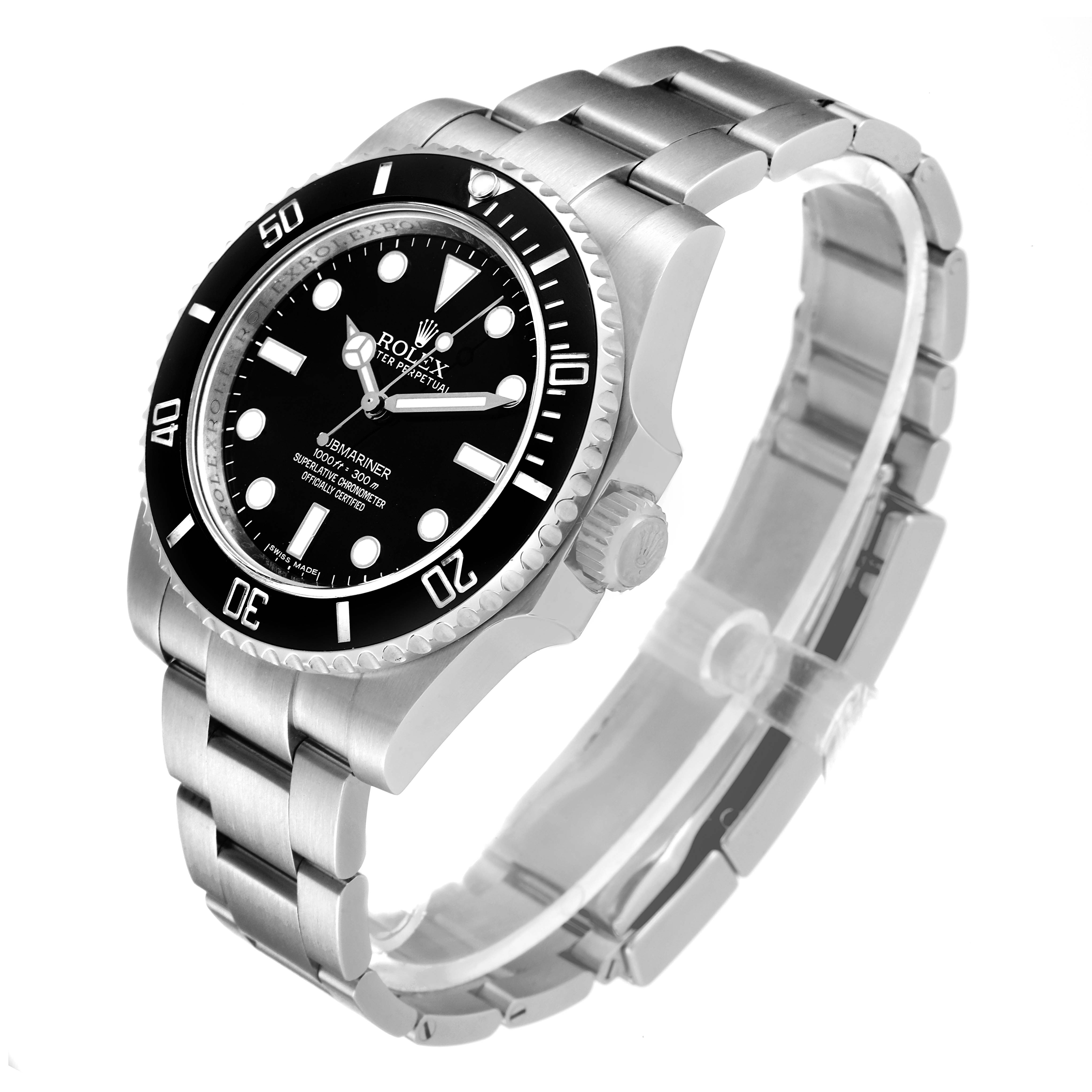 The Rolex Submariner 114060 Men
s Stainless Steel Black Dial 114060 Men
s Stainless Steel Black Dial watch is shown at a slight angle, displaying its face, bezel, bracelet, and crown.