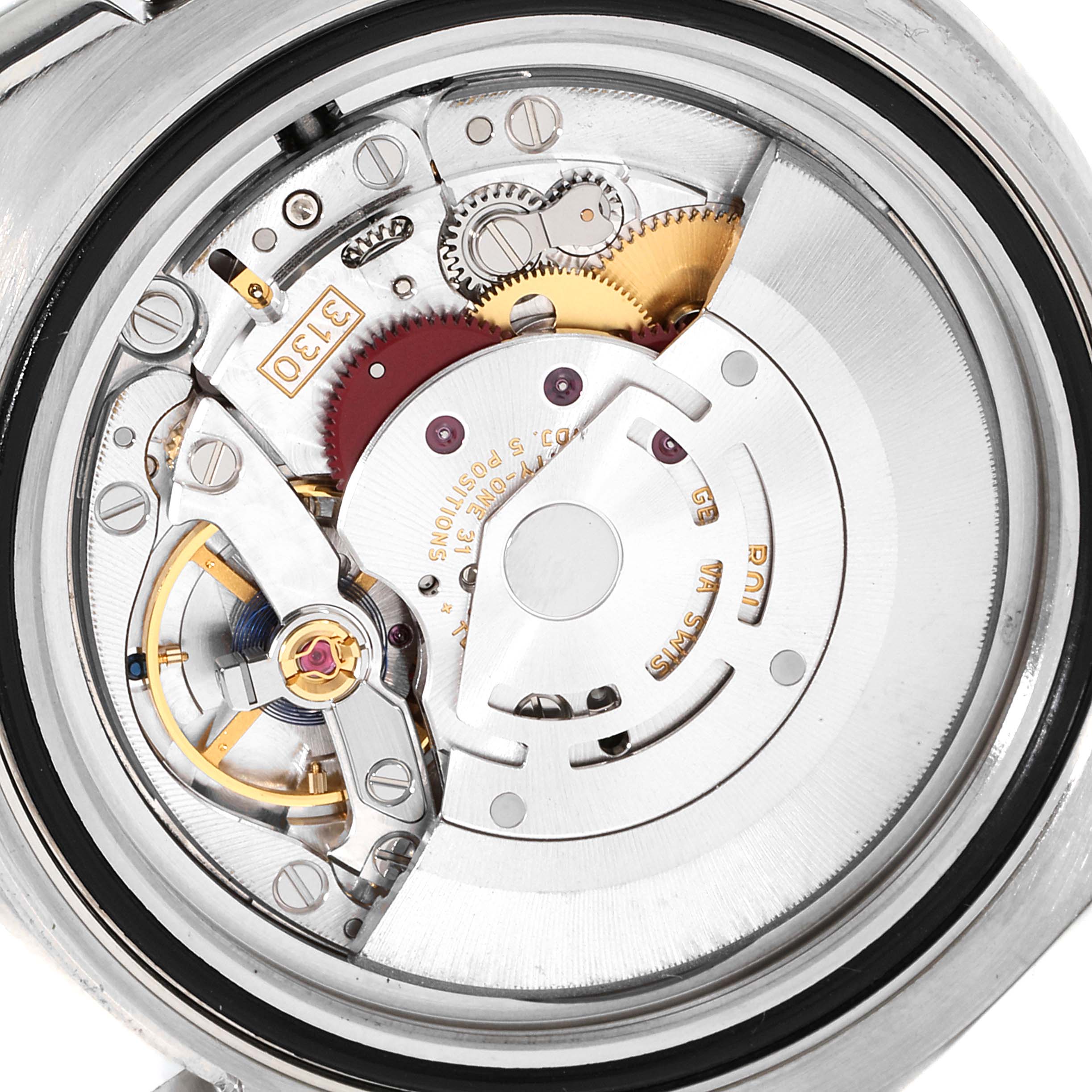 This is a close-up view of the internal mechanism of a Rolex Submariner 114060 Men
s Stainless Steel Black Dial 114060 Men
s Stainless Steel Black Dial watch showing gears and components.