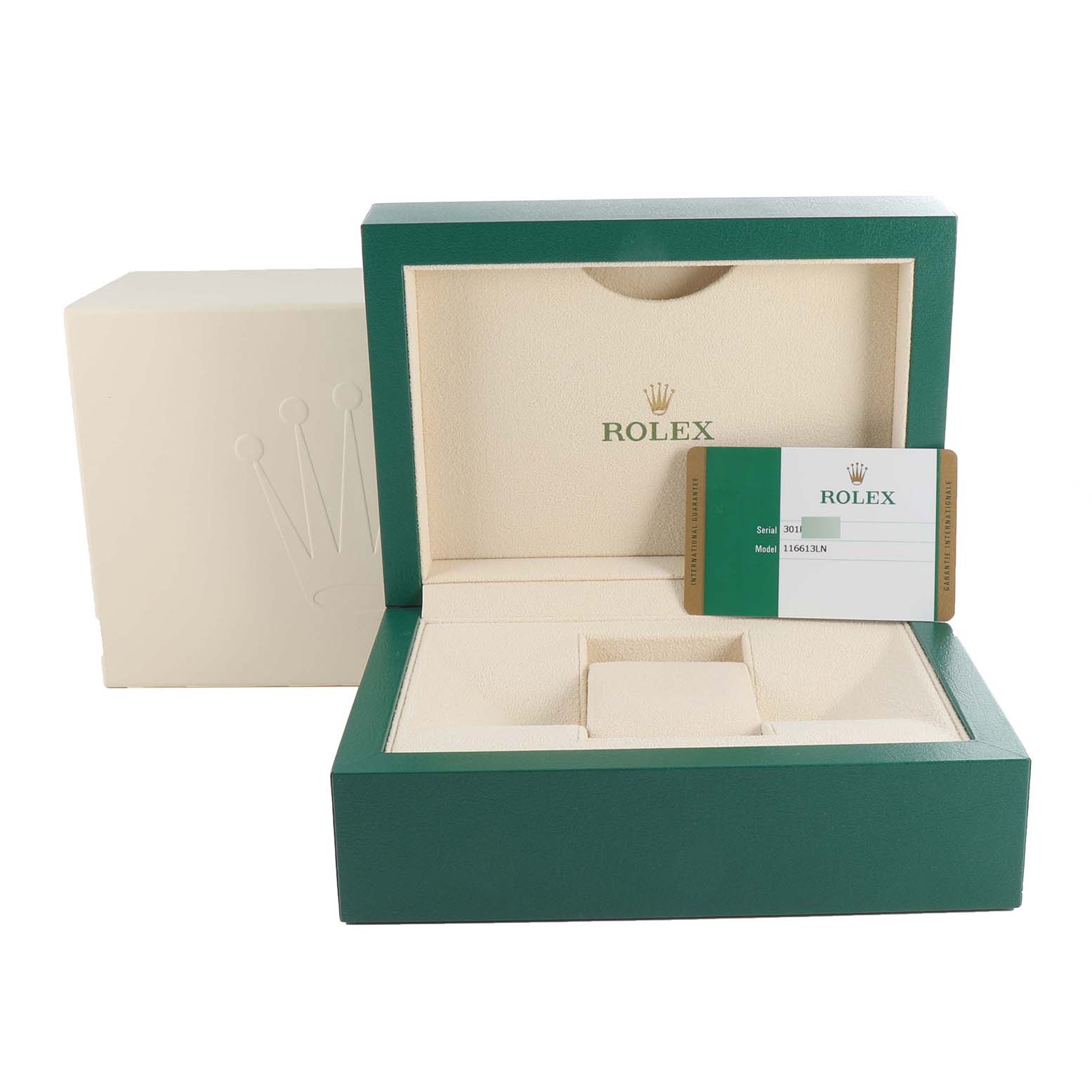 The image shows a Rolex Submariner 116613LN Men
s Steel and Gold (two tone) Black Dial 116613LN Men
s Steel and Gold (two tone) Black Dial watch box, warranty card, and outer packaging, viewed from the front.