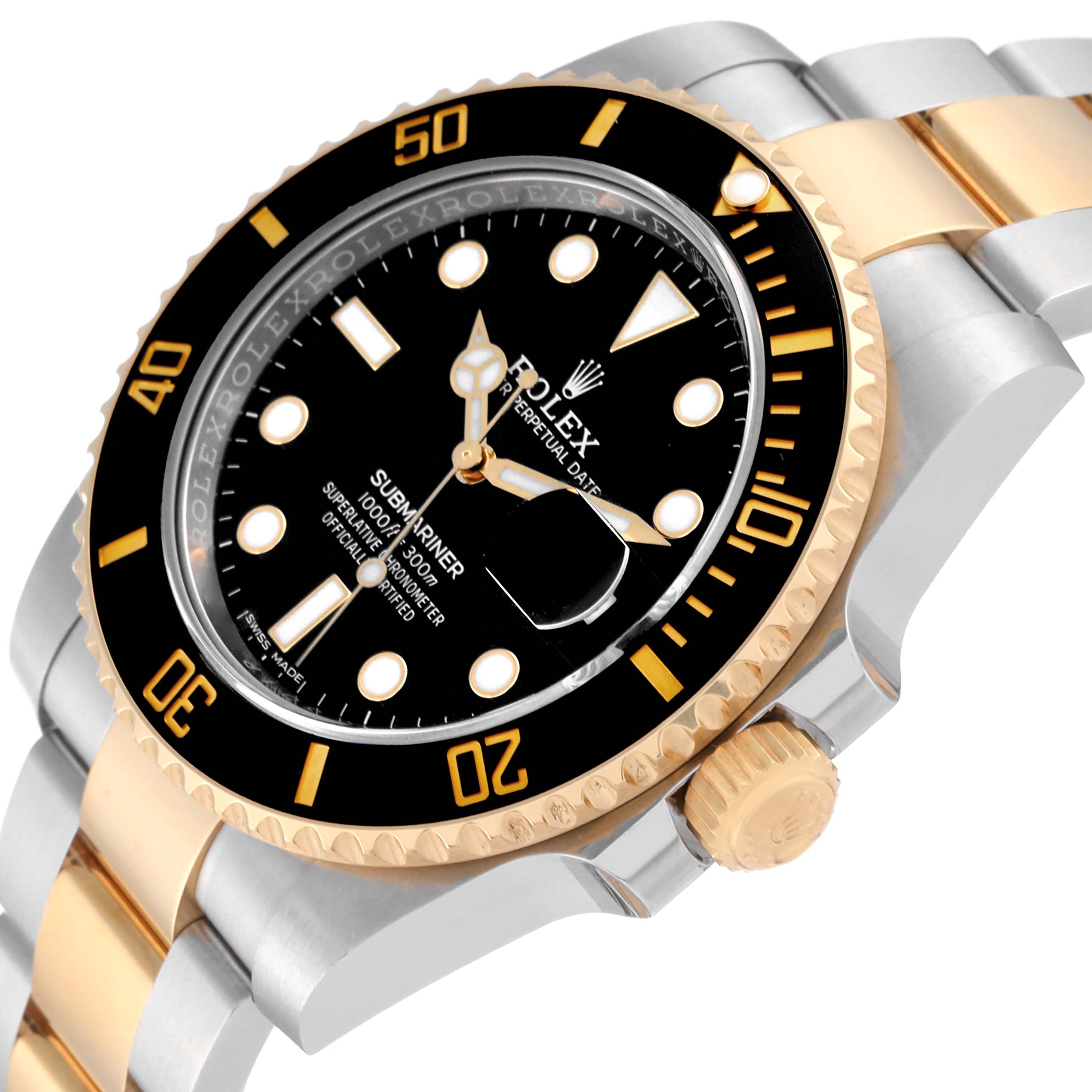 The image shows a side angle of a Rolex Submariner 116613LN Men
s Steel and Gold (two tone) Black Dial 116613LN Men
s Steel and Gold (two tone) Black Dial watch, highlighting the dial, bezel, crown, and two-tone bracelet.