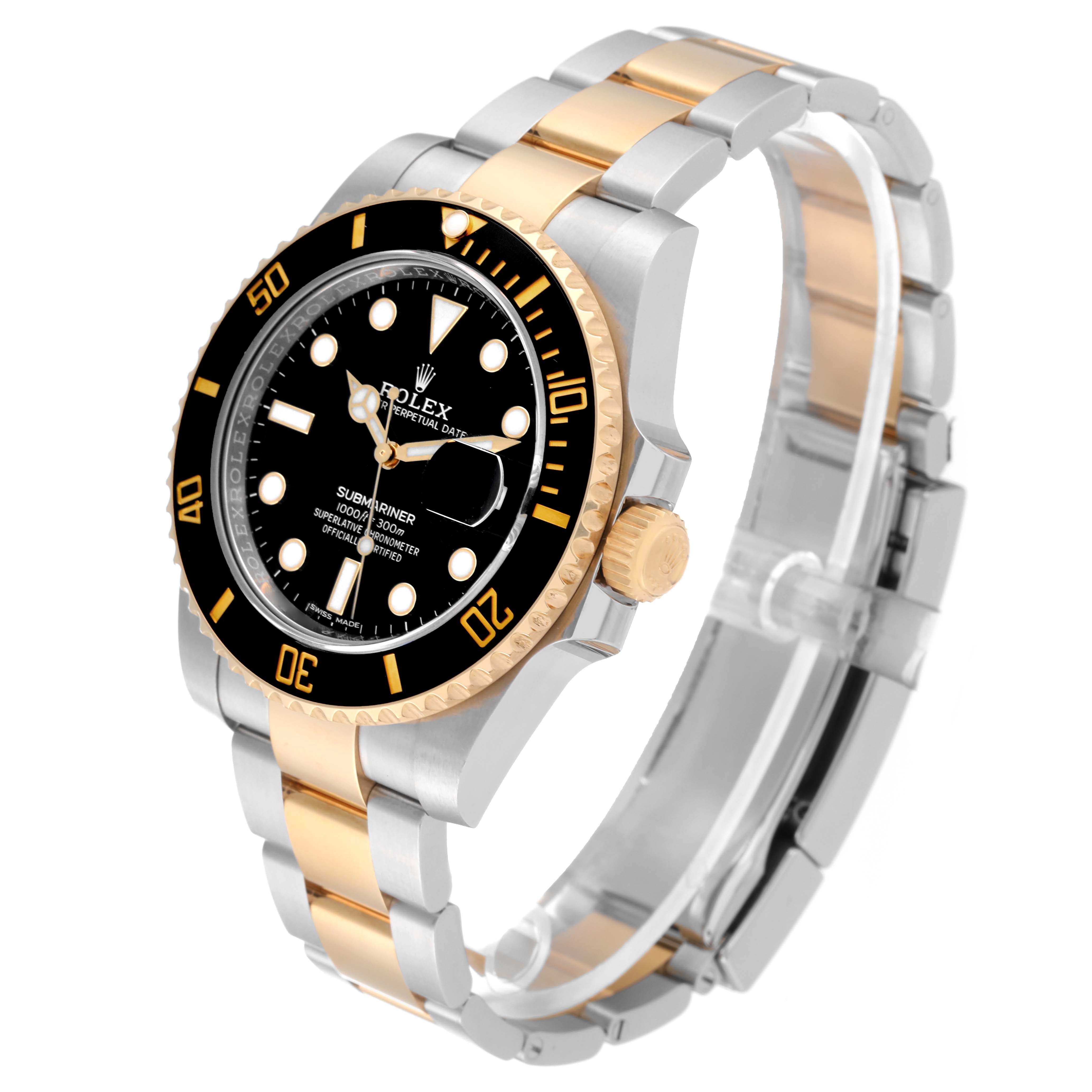 This image shows a side-angle view of a Rolex Submariner 116613LN Men
s Steel and Gold (two tone) Black Dial 116613LN Men
s Steel and Gold (two tone) Black Dial, highlighting the black dial, bezel, and two-tone metal bracelet.