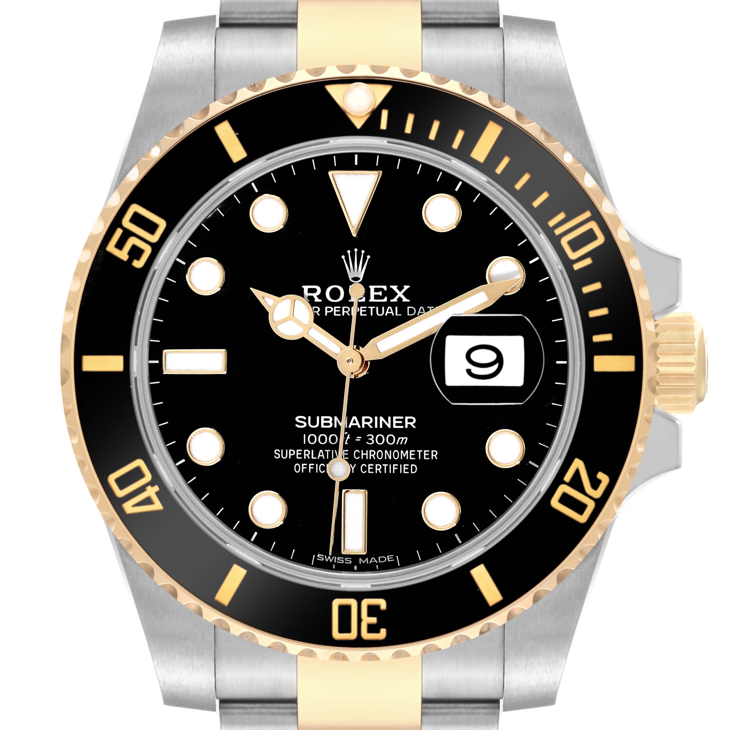 Front view of a Rolex Submariner 116613LN Men
s Steel and Gold (two tone) Black Dial 116613LN Men
s Steel and Gold (two tone) Black Dial watch showing the face, bezel, hour markers, and part of the bracelet.