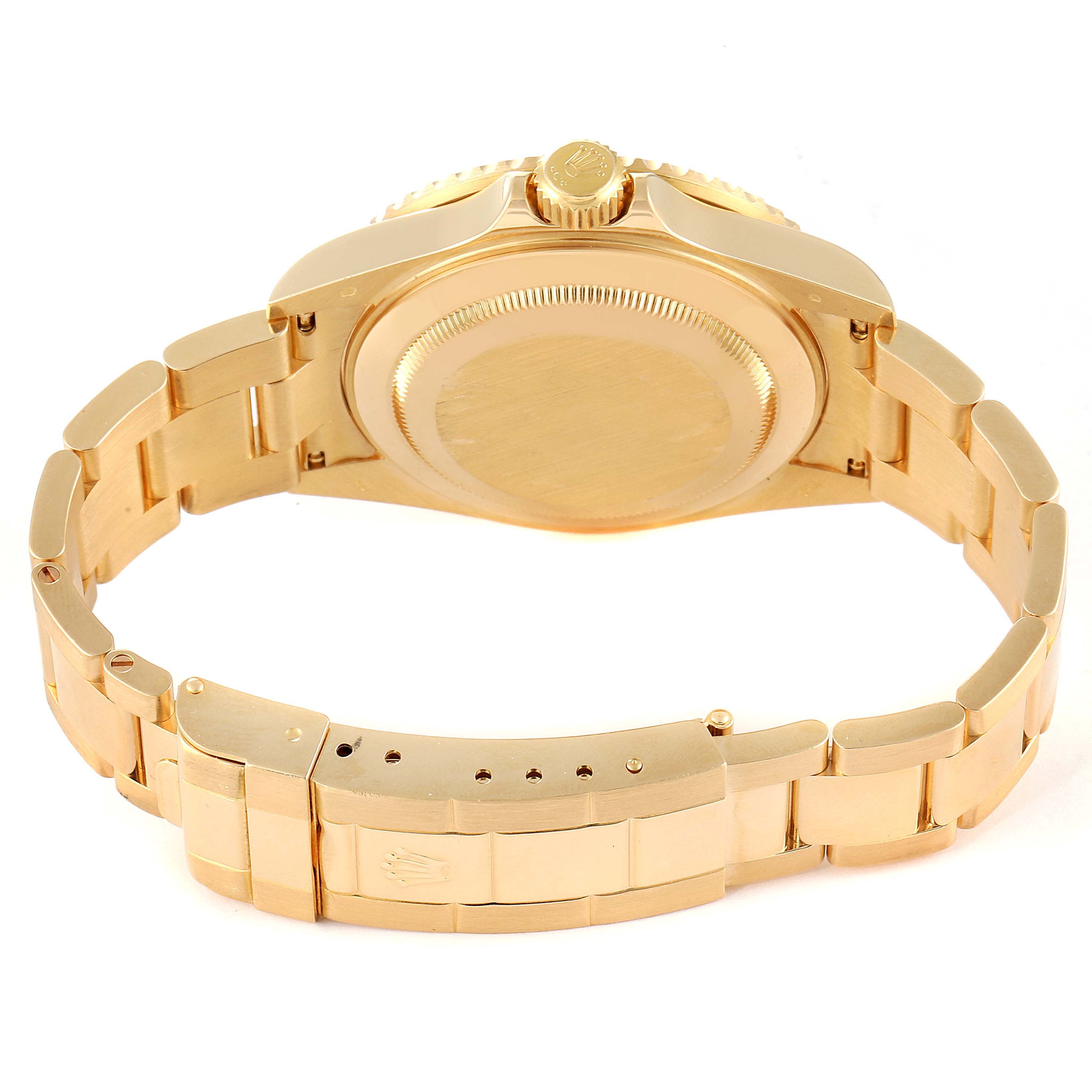 The image shows the back case, crown, and bracelet of a Rolex Submariner 16618 Men's Yellow Gold Blue Dial 16618 Men's Yellow Gold Blue Dial from a bottom rear angle.