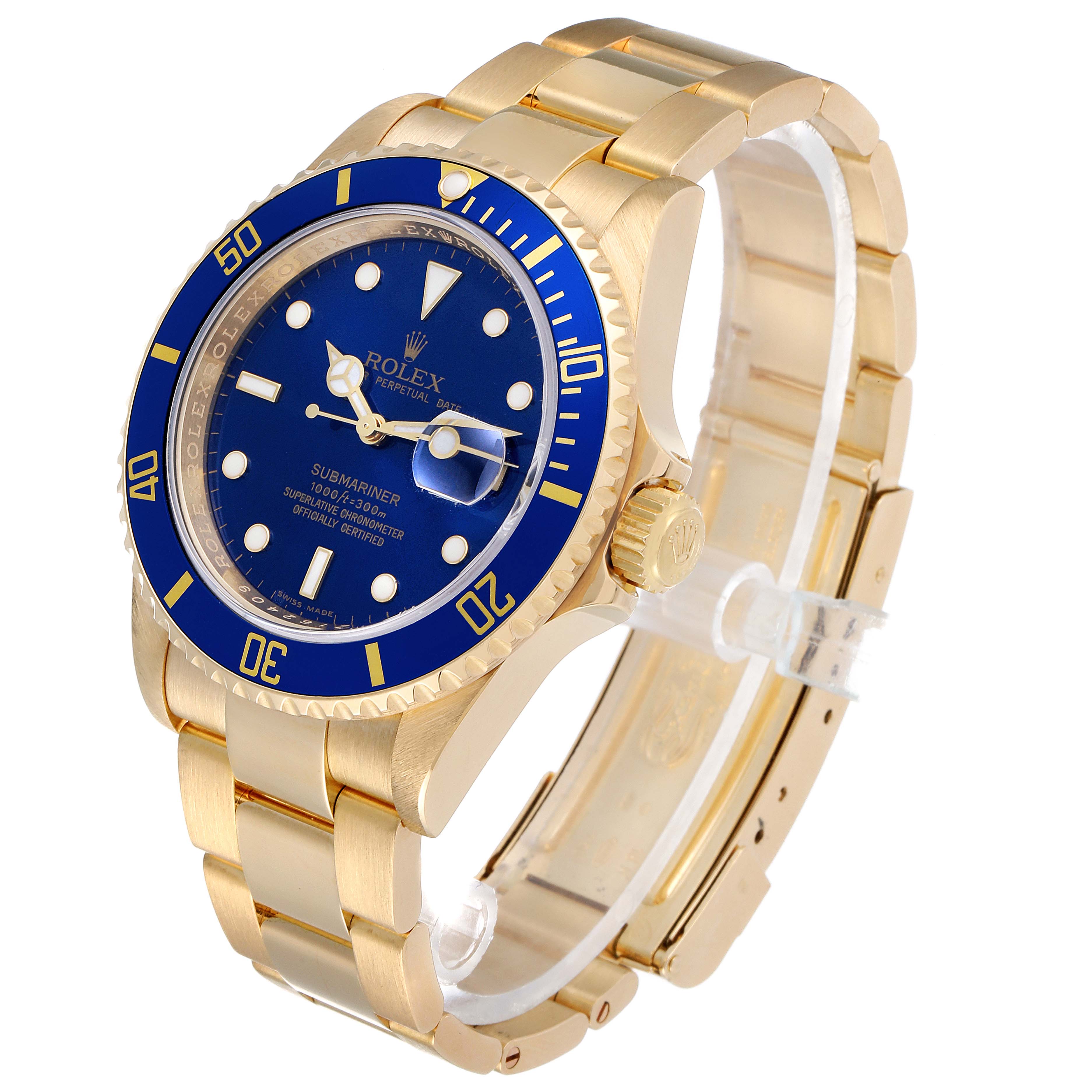 The Rolex Submariner 16618 Men's Yellow Gold Blue Dial 16618 Men's Yellow Gold Blue Dial watch is shown at a three-quarter angle, displaying its blue dial, rotating bezel, and gold bracelet.