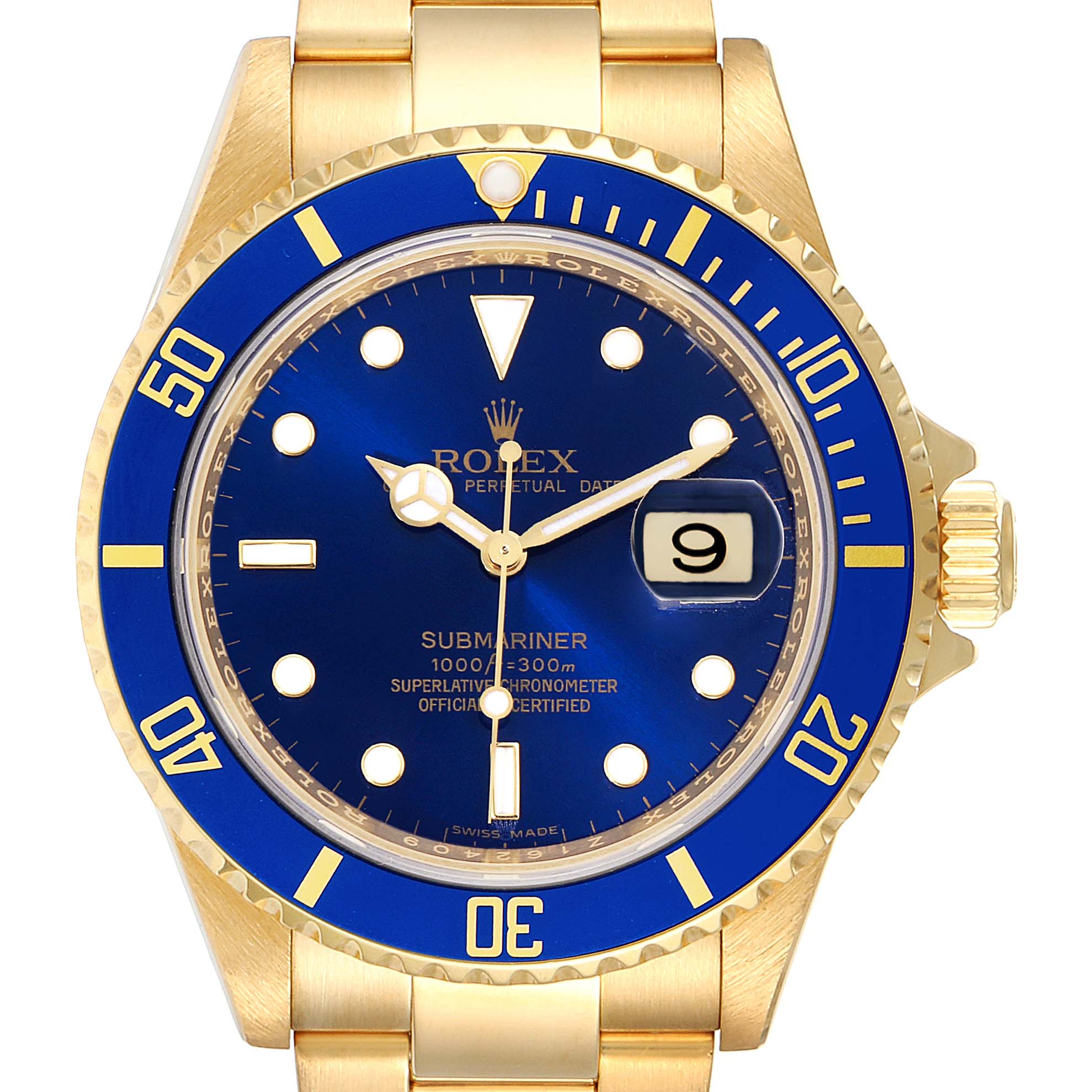 The image shows a front view of a Rolex Submariner 16618 Men's Yellow Gold Blue Dial 16618 Men's Yellow Gold Blue Dial watch, highlighting its blue dial, bezel, and date indicator.
