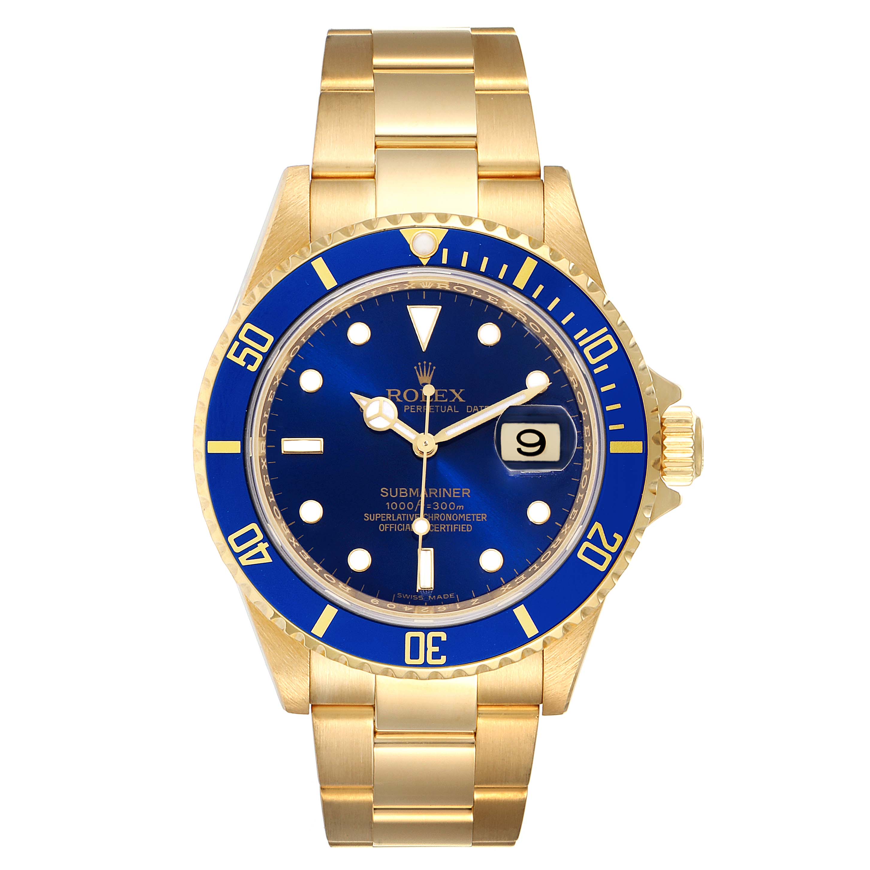 This Rolex Submariner 16618 Men's Yellow Gold Blue Dial 16618 Men's Yellow Gold Blue Dial watch is shown from a top-down angle, highlighting the blue face, bezel, and gold bracelet.