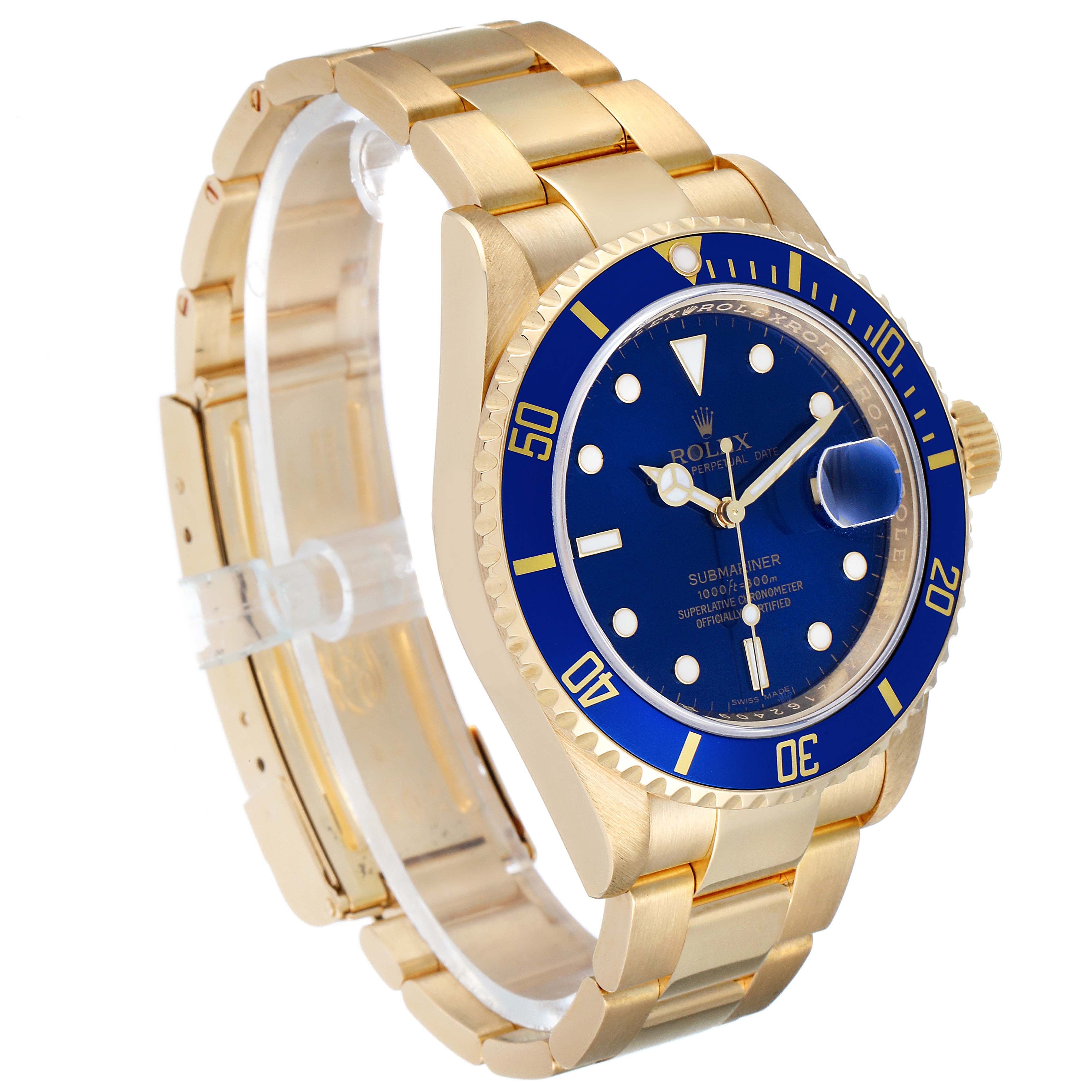 The Rolex Submariner 16618 Men's Yellow Gold Blue Dial 16618 Men's Yellow Gold Blue Dial is shown at a three-quarter angle, displaying the face, bezel, crown, and full bracelet.