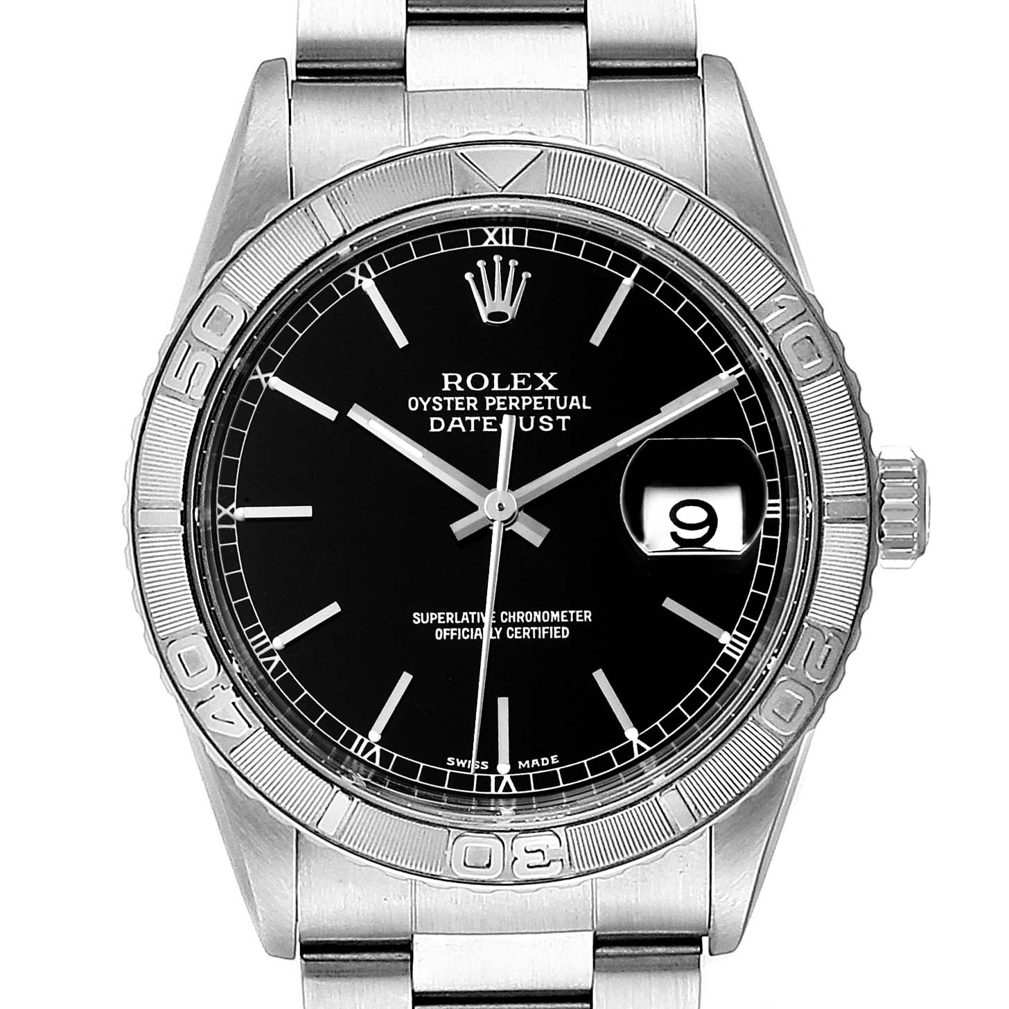 The image shows a front view of the Rolex Turn-o-Graph 16264 Men's Stainless Steel Black Dial 16264 Men's Stainless Steel Black Dial watch, highlighting its black dial, rotating bezel, and stainless steel bracelet.