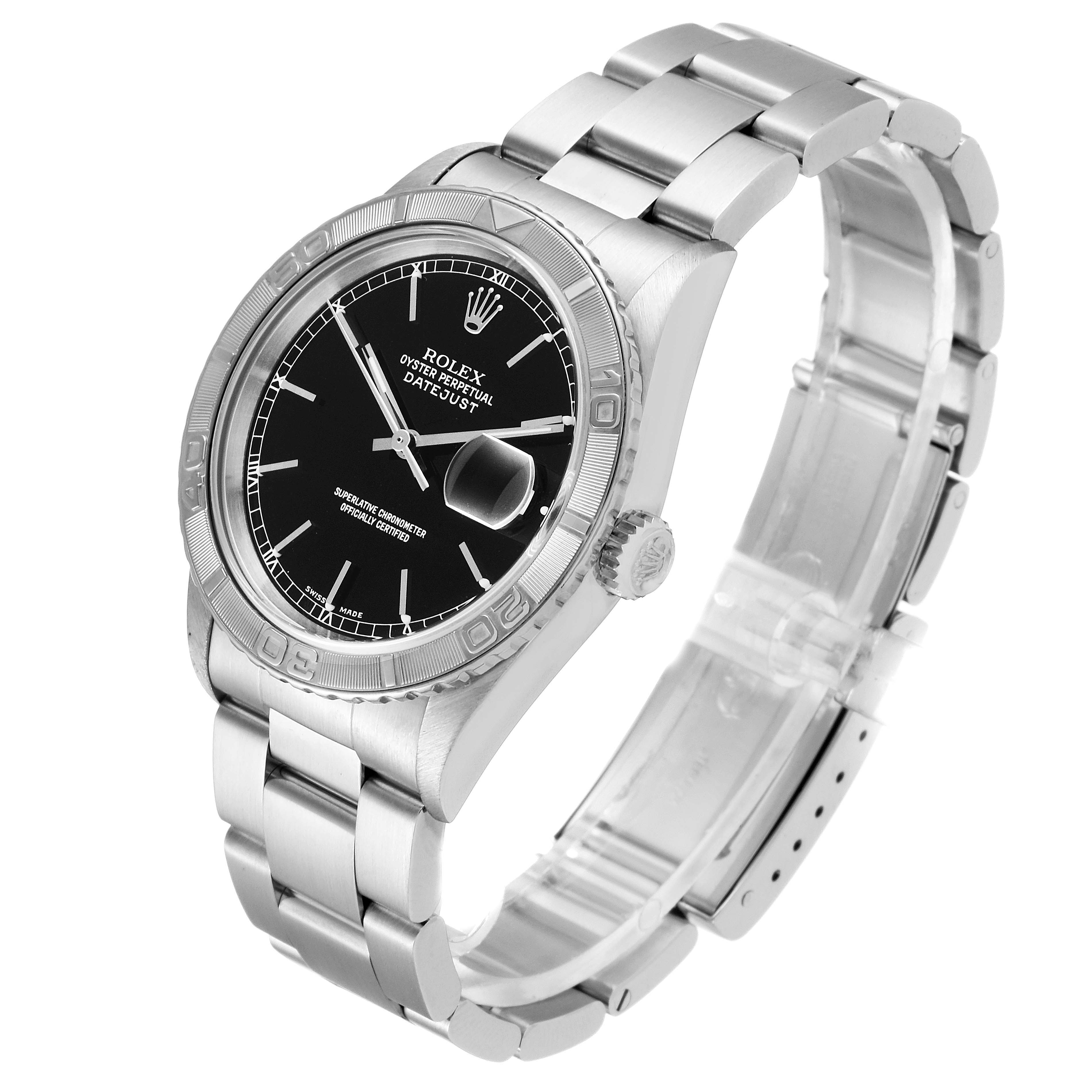 The image shows a side perspective of the Rolex Turn-o-Graph 16264 Men's Stainless Steel Black Dial 16264 Men's Stainless Steel Black Dial watch featuring its dial, bezel, and stainless steel bracelet.