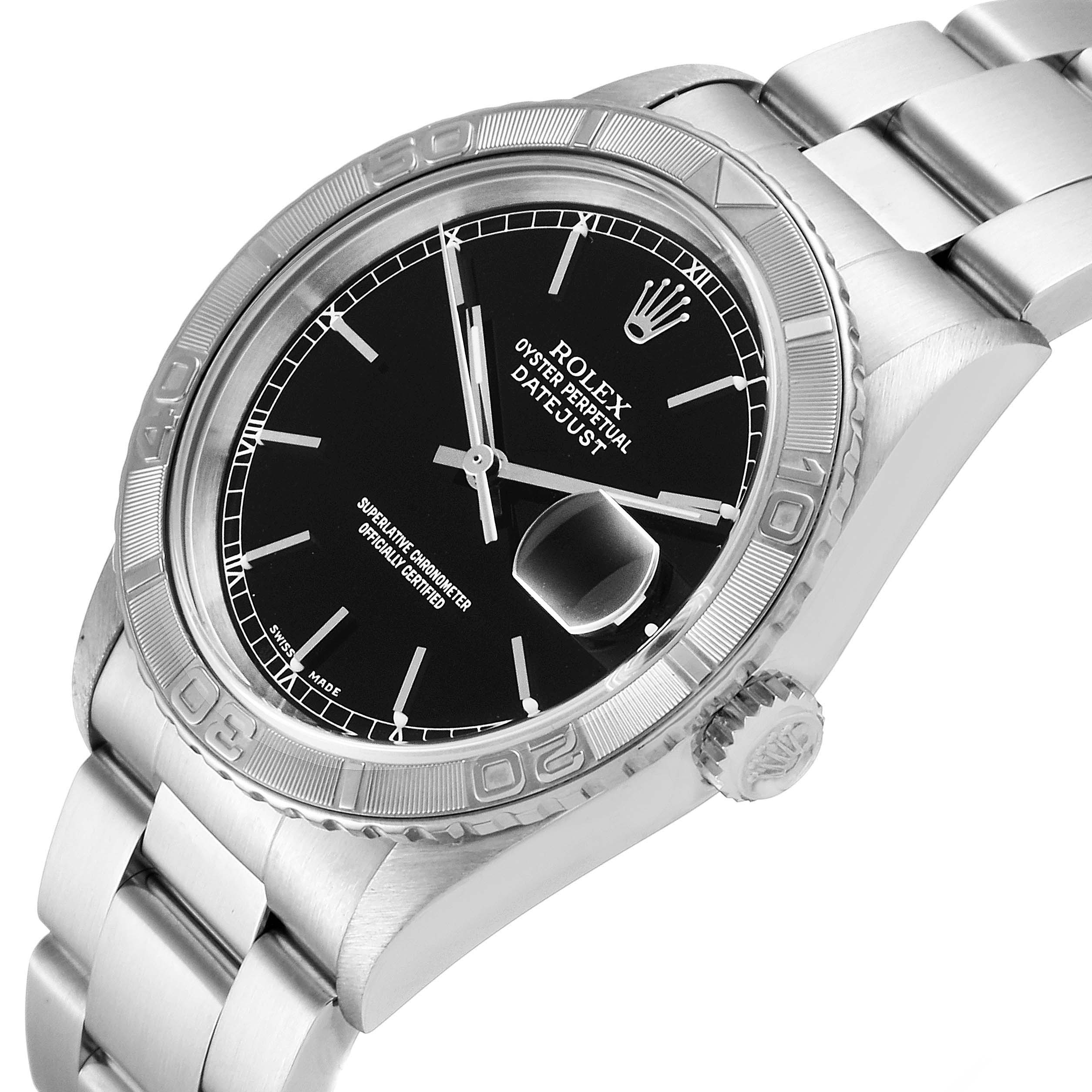 The image shows a side angle of the Rolex Turn-o-Graph 16264 Men's Stainless Steel Black Dial 16264 Men's Stainless Steel Black Dial watch, highlighting its bezel, dial, bracelet, and crown.