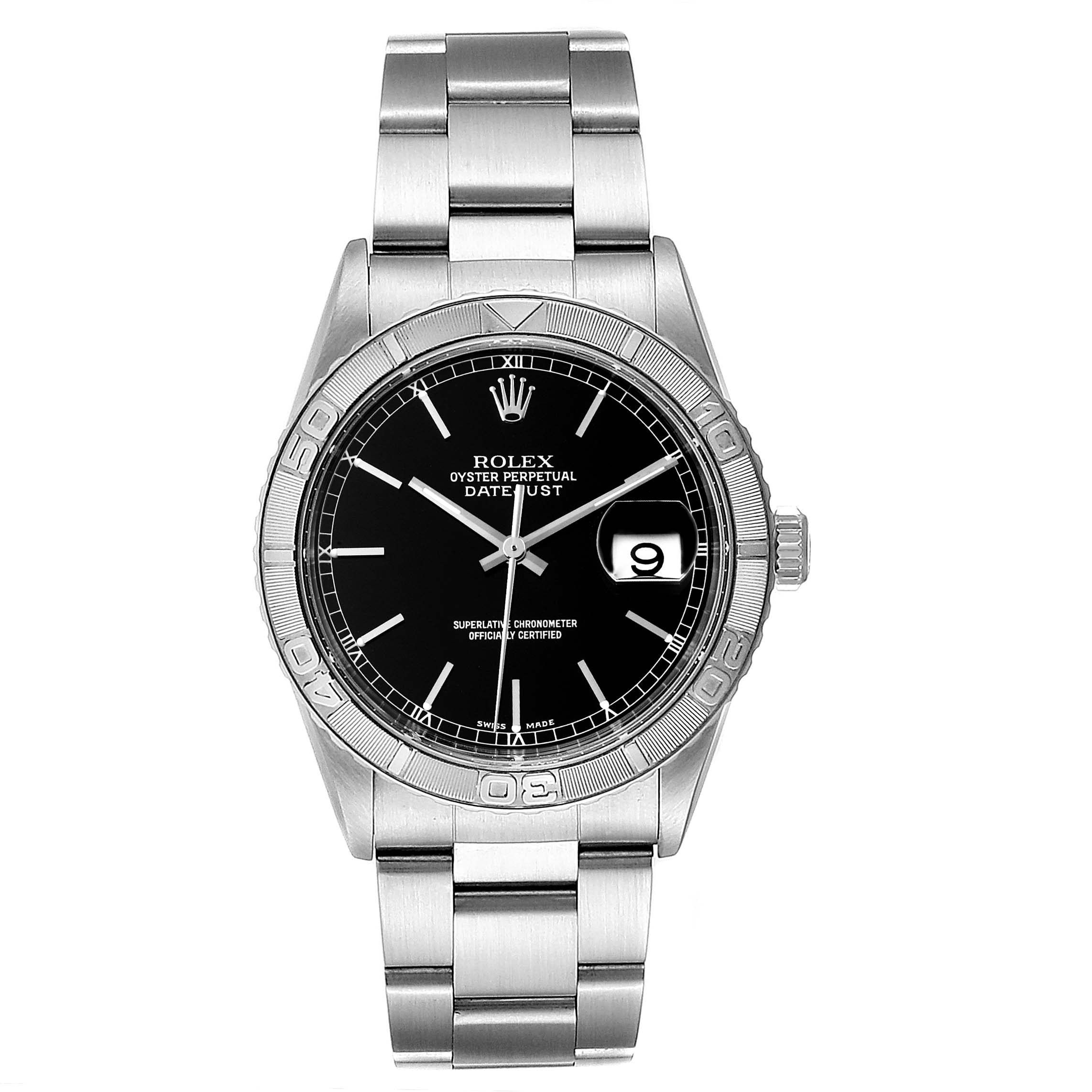 The image displays the front view of a Rolex Turn-o-Graph 16264 Men's Stainless Steel Black Dial 16264 Men's Stainless Steel Black Dial watch with a black dial and stainless steel bracelet.