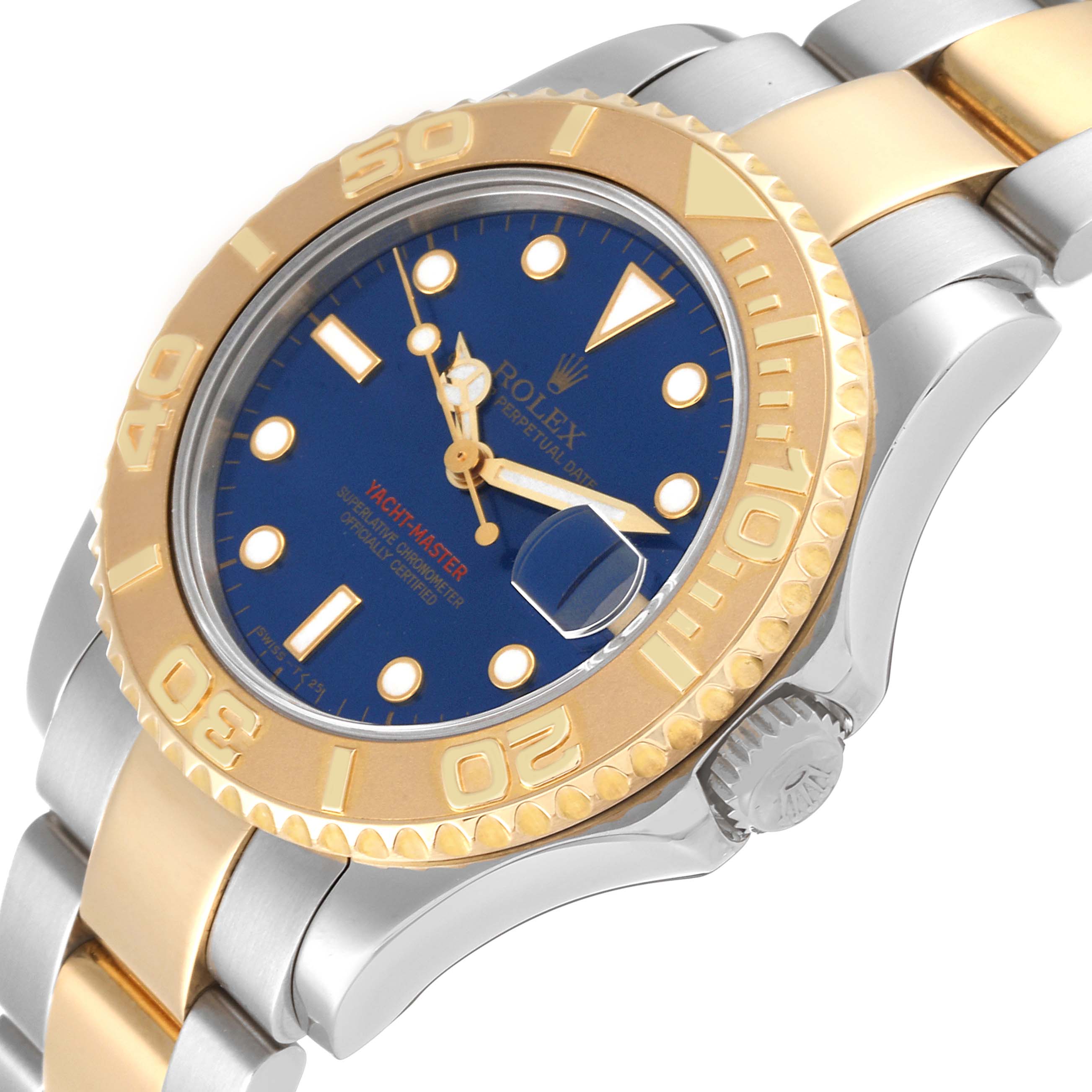 The image shows a Rolex Yacht-Master 68623 Men's Steel and Gold (two tone) Blue Dial 68623 Men's Steel and Gold (two tone) Blue Dial watch angled from the front-left, highlighting the bezel, dial, and part of the bracelet.