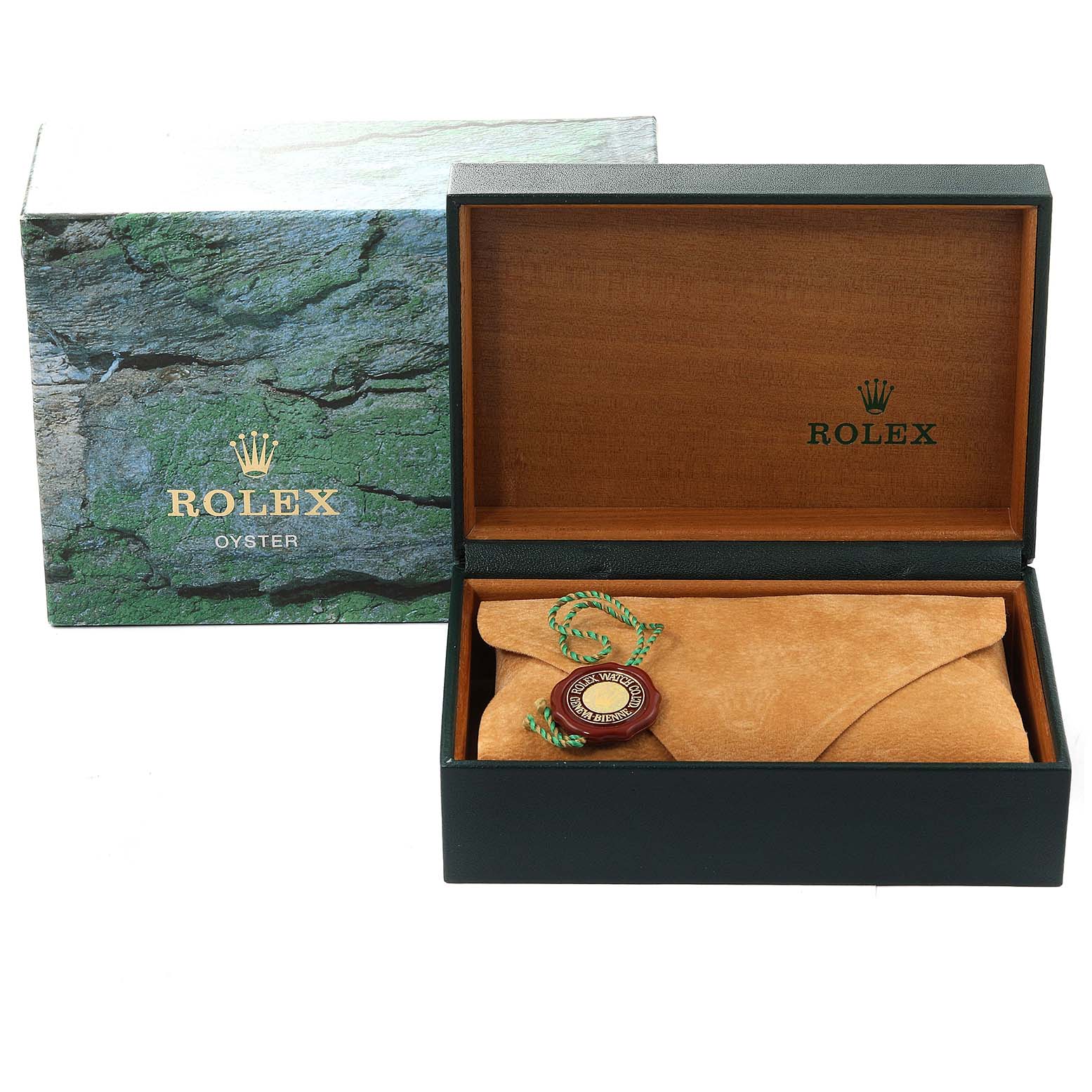 The image shows the packaging for a Rolex Yacht-Master 68623 Men's Steel and Gold (two tone) Blue Dial 68623 Men's Steel and Gold (two tone) Blue Dial watch, including an open green box, a suede pouch, and a tag.