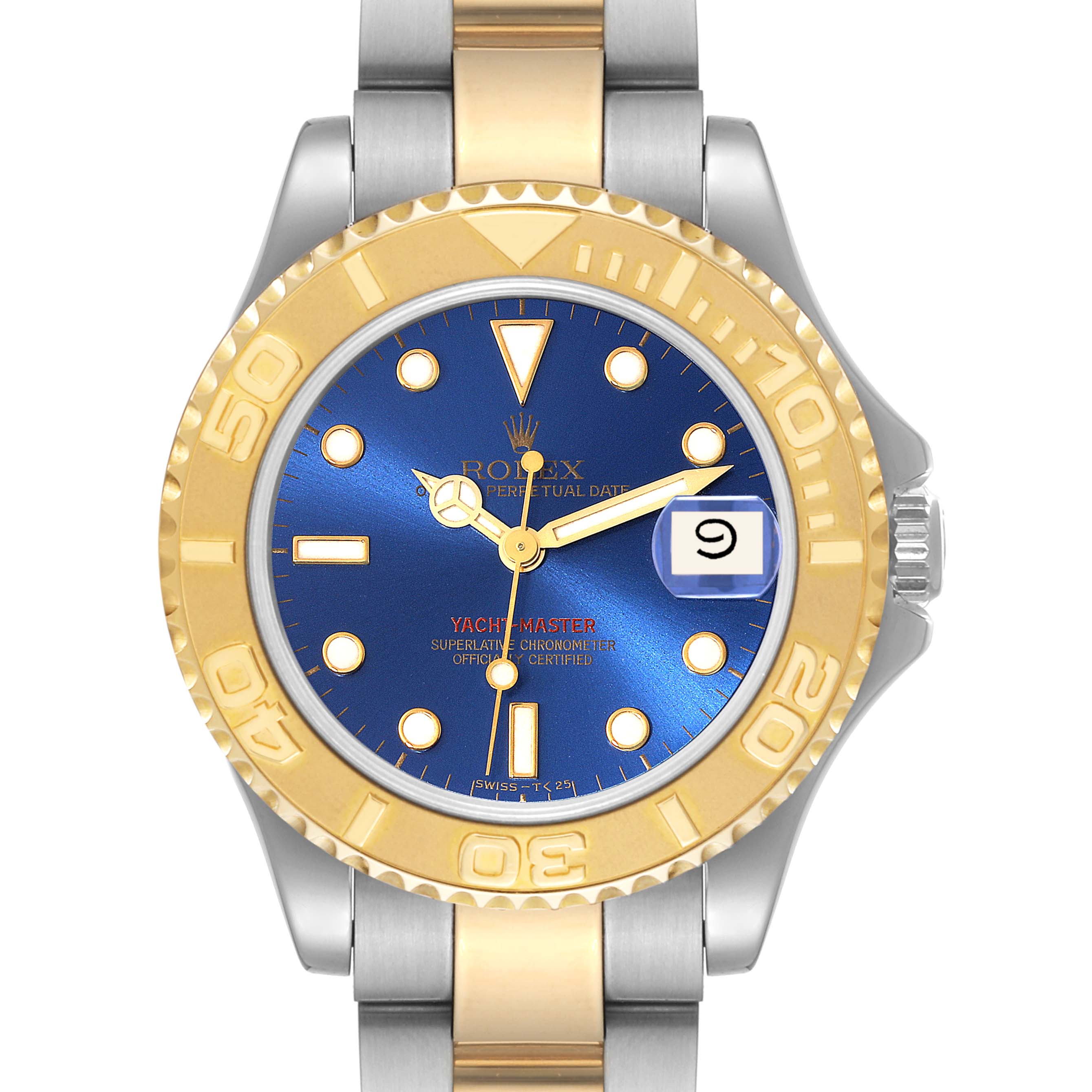 The image shows a front view of a Rolex Yacht-Master 68623 Men's Steel and Gold (two tone) Blue Dial 68623 Men's Steel and Gold (two tone) Blue Dial watch featuring a blue dial and gold bezel.