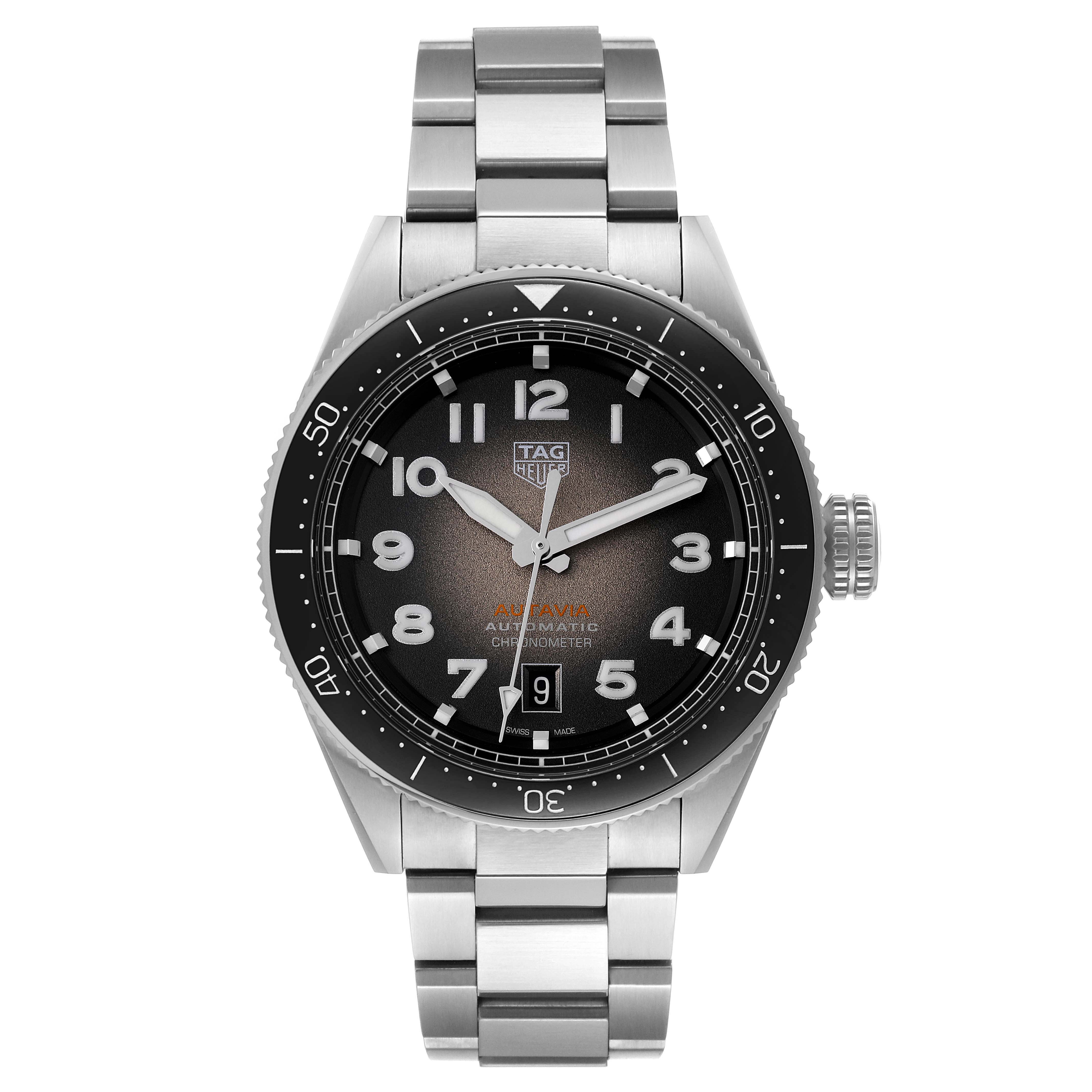 The image shows a frontal view of the Tag Heuer Autavia WBE5114.EB0173 Men's Stainless Steel Brown Dial WBE5114.EB0173 Men's Stainless Steel Brown Dial watch, displaying its face, bezel, and bracelet.