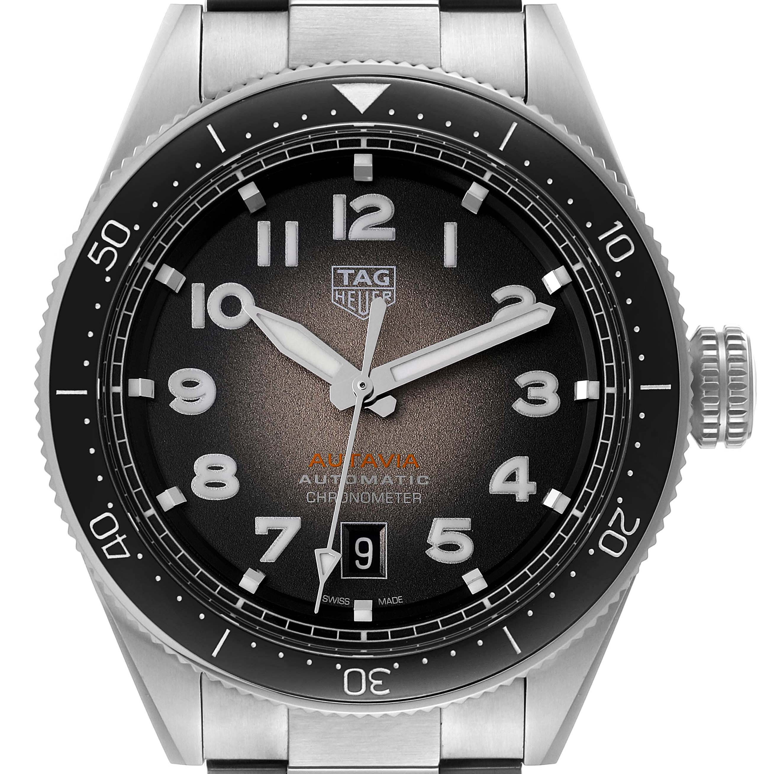 The image shows a front view of the Tag Heuer Autavia WBE5114.EB0173 Men's Stainless Steel Brown Dial WBE5114.EB0173 Men's Stainless Steel Brown Dial watch, highlighting its dial, bezel, crown, and bracelet.