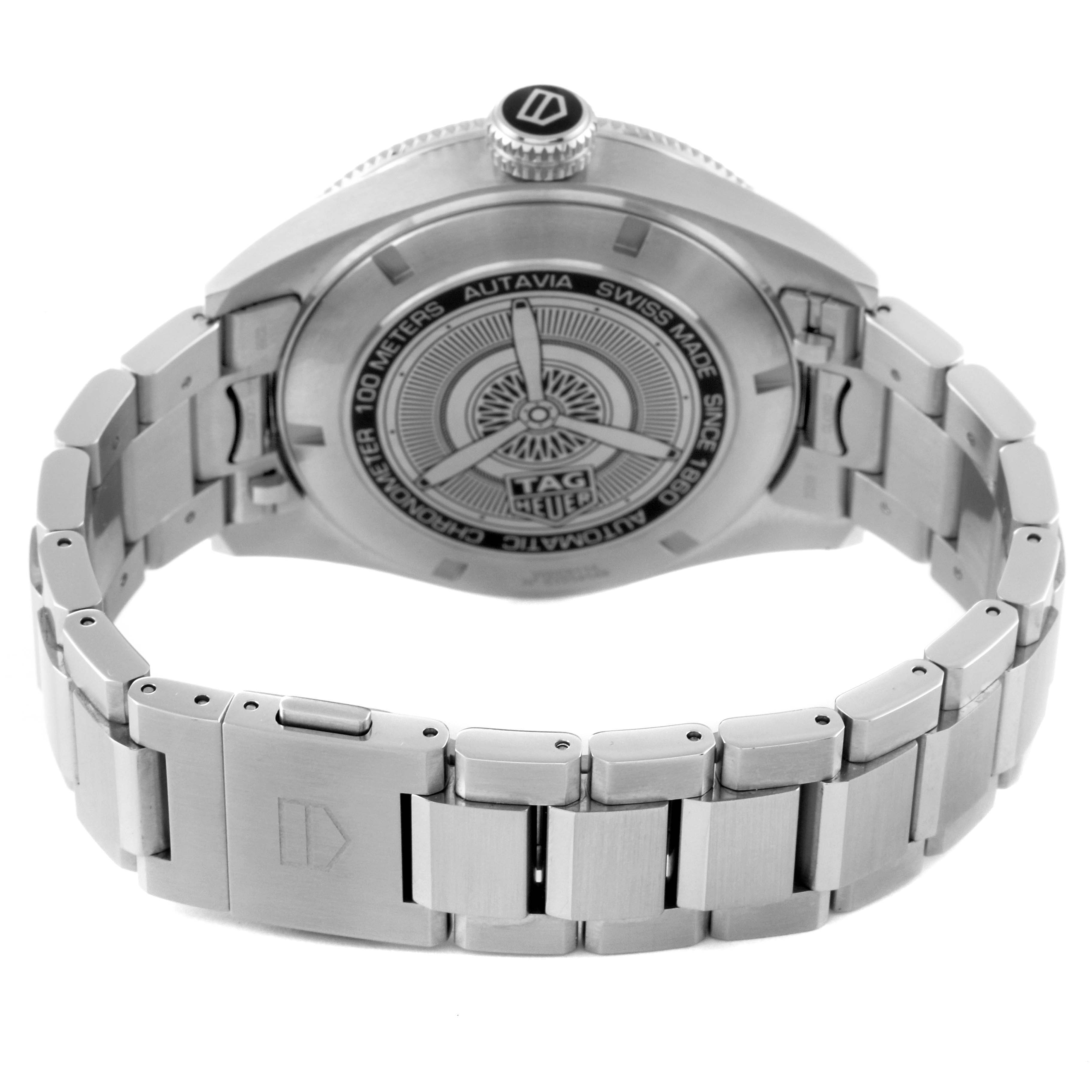 The image shows the back view of a Tag Heuer Autavia WBE5114.EB0173 Men's Stainless Steel Brown Dial WBE5114.EB0173 Men's Stainless Steel Brown Dial watch, highlighting the case, clasp, and metal bracelet.