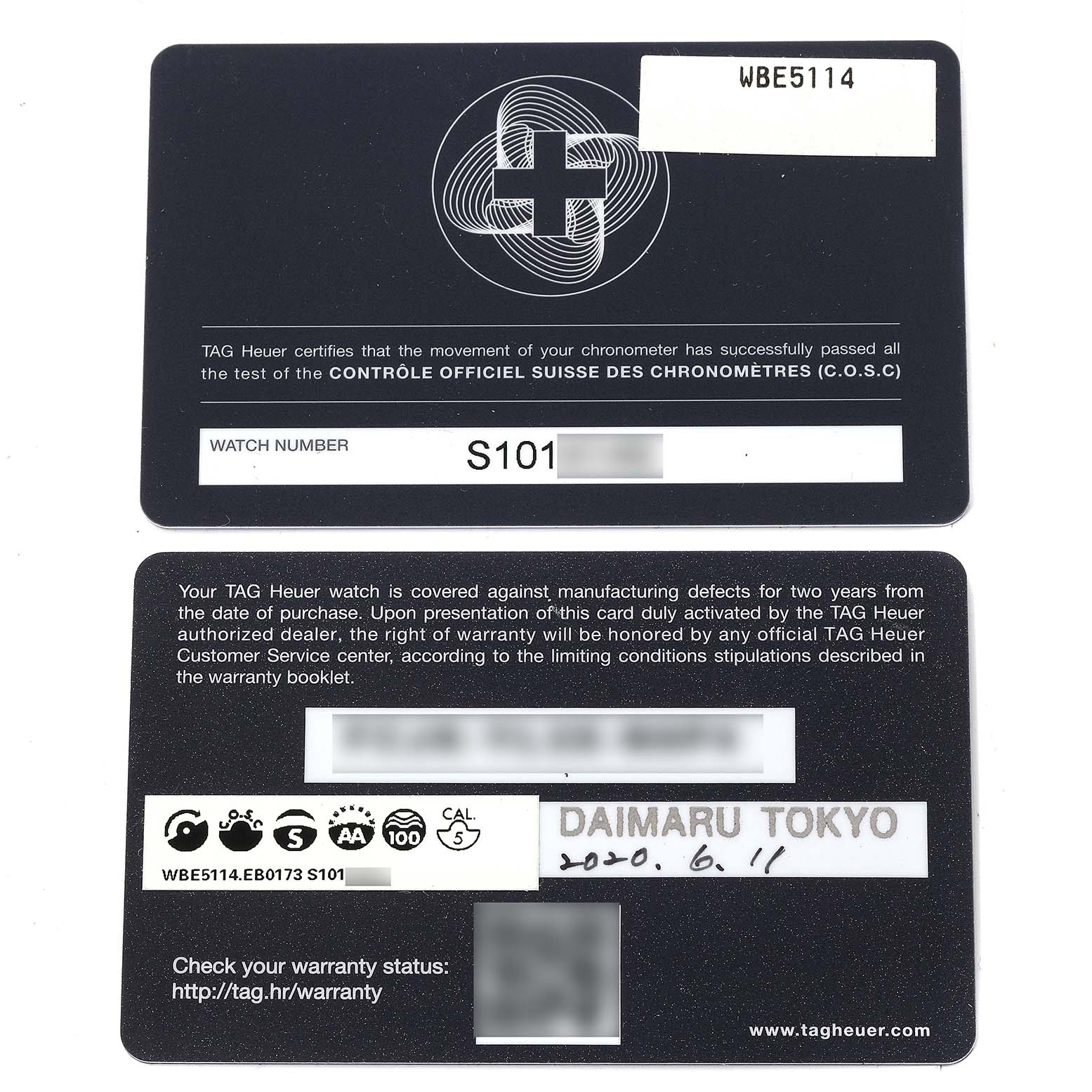 The image shows the warranty and certification cards for the Tag Heuer Autavia WBE5114.EB0173 Men's Stainless Steel Brown Dial WBE5114.EB0173 Men's Stainless Steel Brown Dial model.