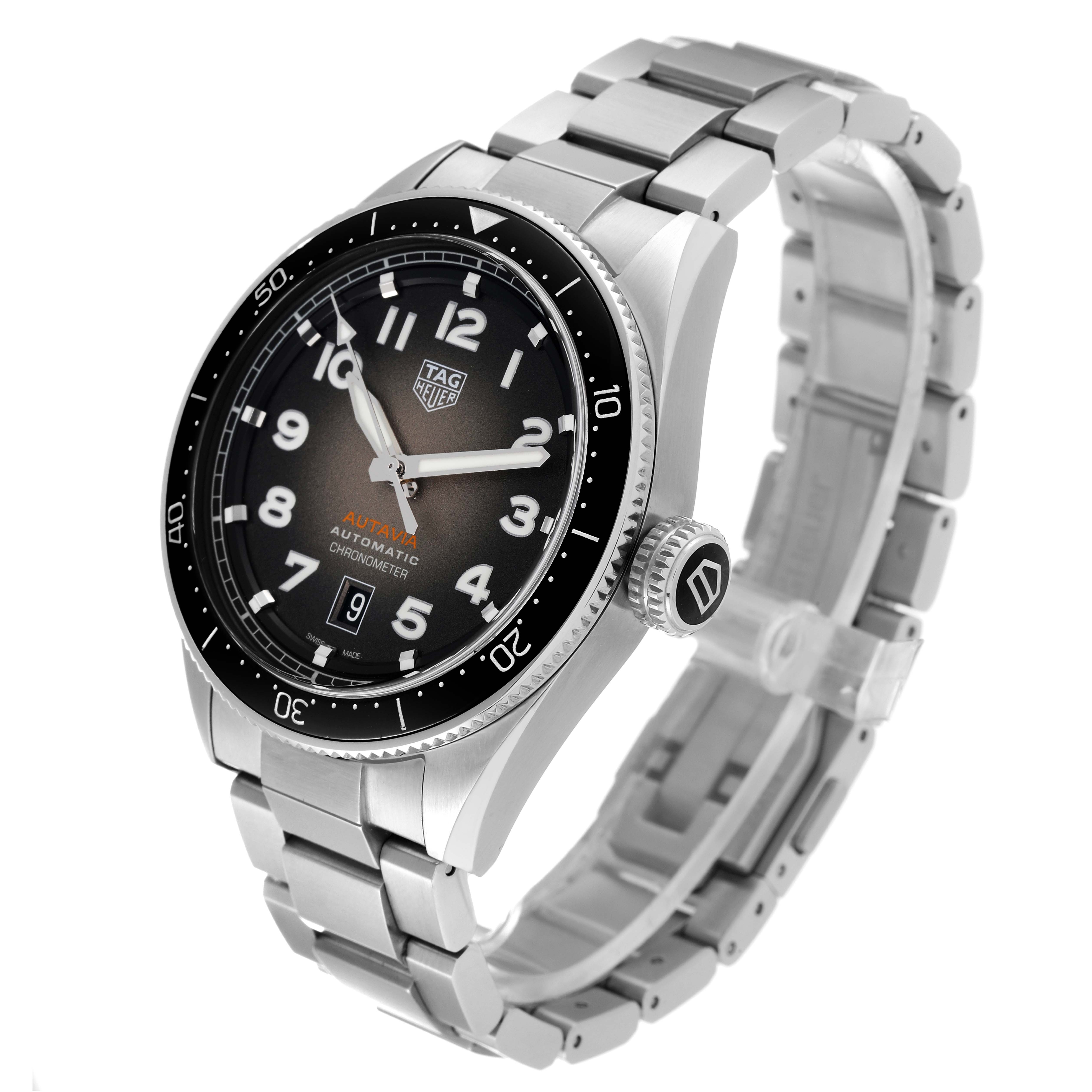 The image shows the front and right side of a Tag Heuer Autavia WBE5114.EB0173 Men's Stainless Steel Brown Dial WBE5114.EB0173 Men's Stainless Steel Brown Dial watch with its bracelet and crown visible.