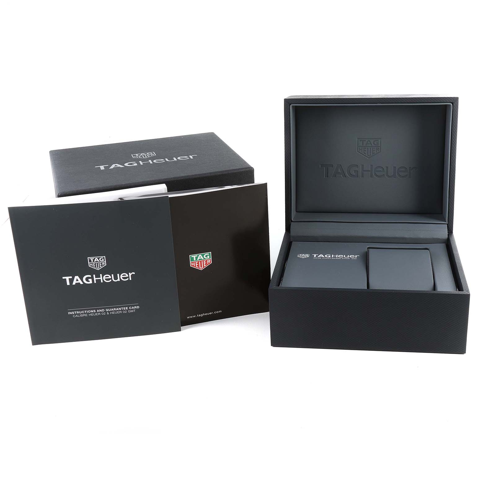 The image shows the packaging, including the box, manual, and guarantee card, for the Tag Heuer Carrera CBN2A5A.FC6481 Men's Steel and Gold (two tone) Black Dial CBN2A5A.FC6481 Men's Steel and Gold (two tone) Black Dial model watch.