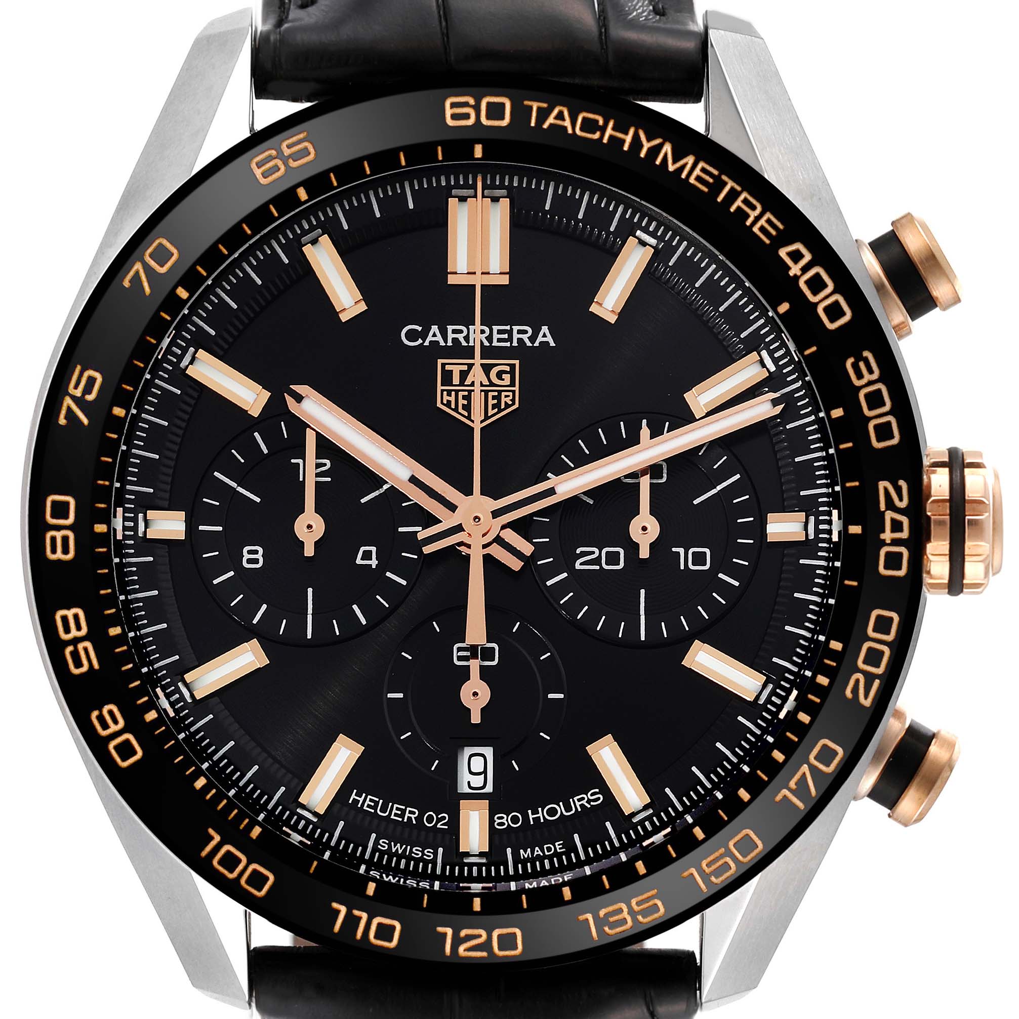 The image shows a front view of a Tag Heuer Carrera CBN2A5A.FC6481 Men's Steel and Gold (two tone) Black Dial CBN2A5A.FC6481 Men's Steel and Gold (two tone) Black Dial watch, highlighting its face, tachymeter, chronograph dials, and crown buttons.