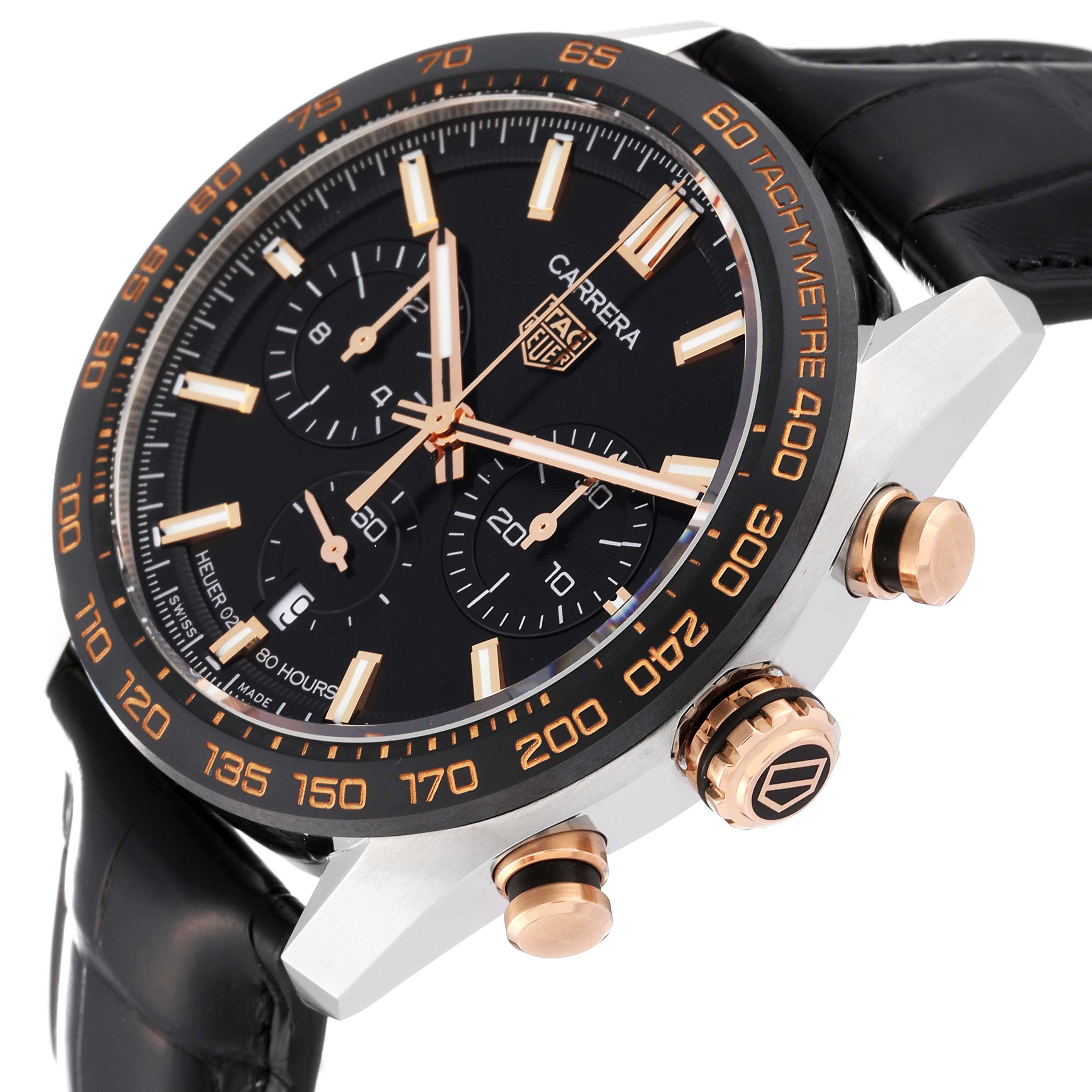 The image shows a close-up, side-angle view of the Tag Heuer Carrera CBN2A5A.FC6481 Men's Steel and Gold (two tone) Black Dial CBN2A5A.FC6481 Men's Steel and Gold (two tone) Black Dial watch, highlighting the dial, crown, and pushers.
