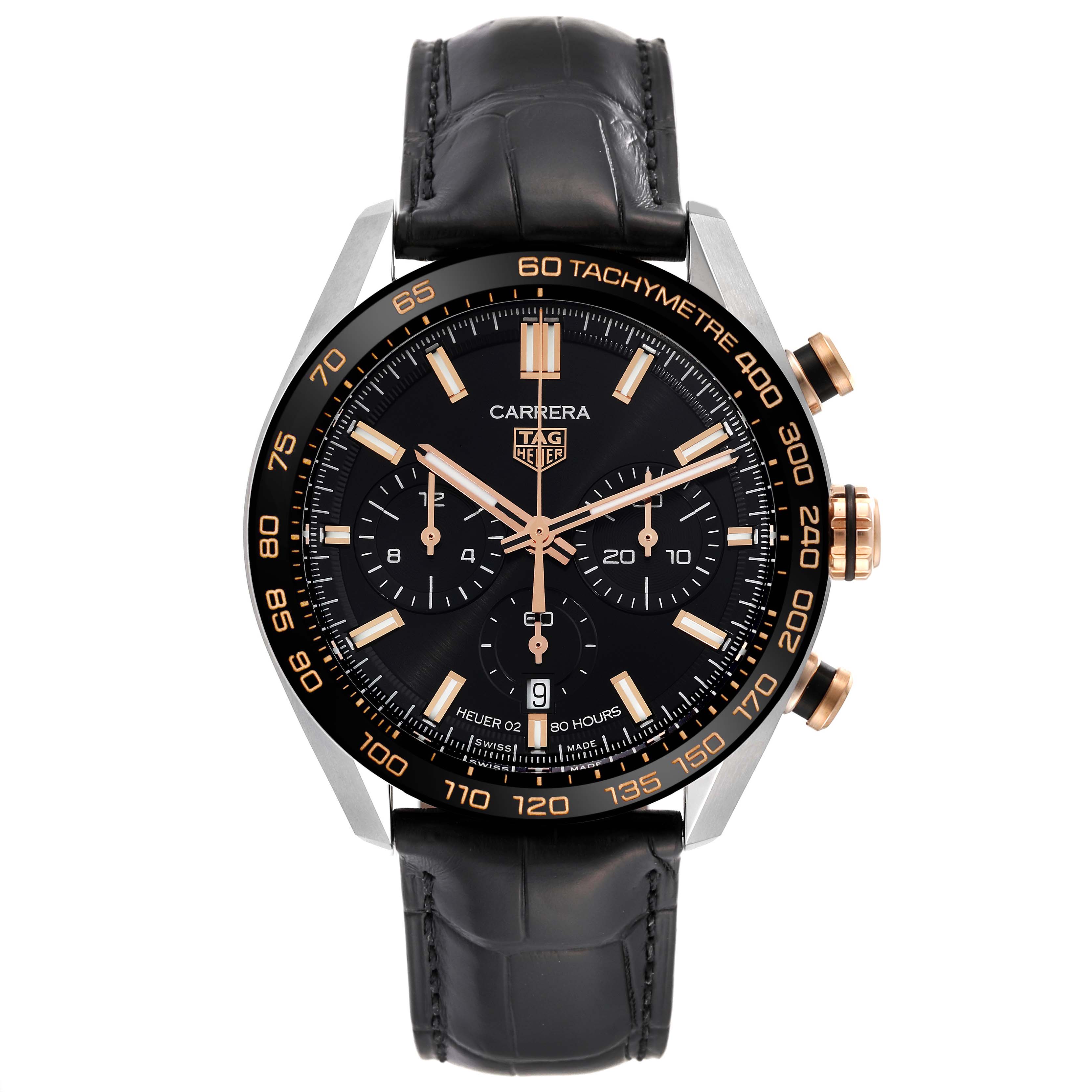 The image shows a Tag Heuer Carrera CBN2A5A.FC6481 Men's Steel and Gold (two tone) Black Dial CBN2A5A.FC6481 Men's Steel and Gold (two tone) Black Dial watch, featuring a black face with three subdials, gold accents, and a black leather strap, viewed from the front.
