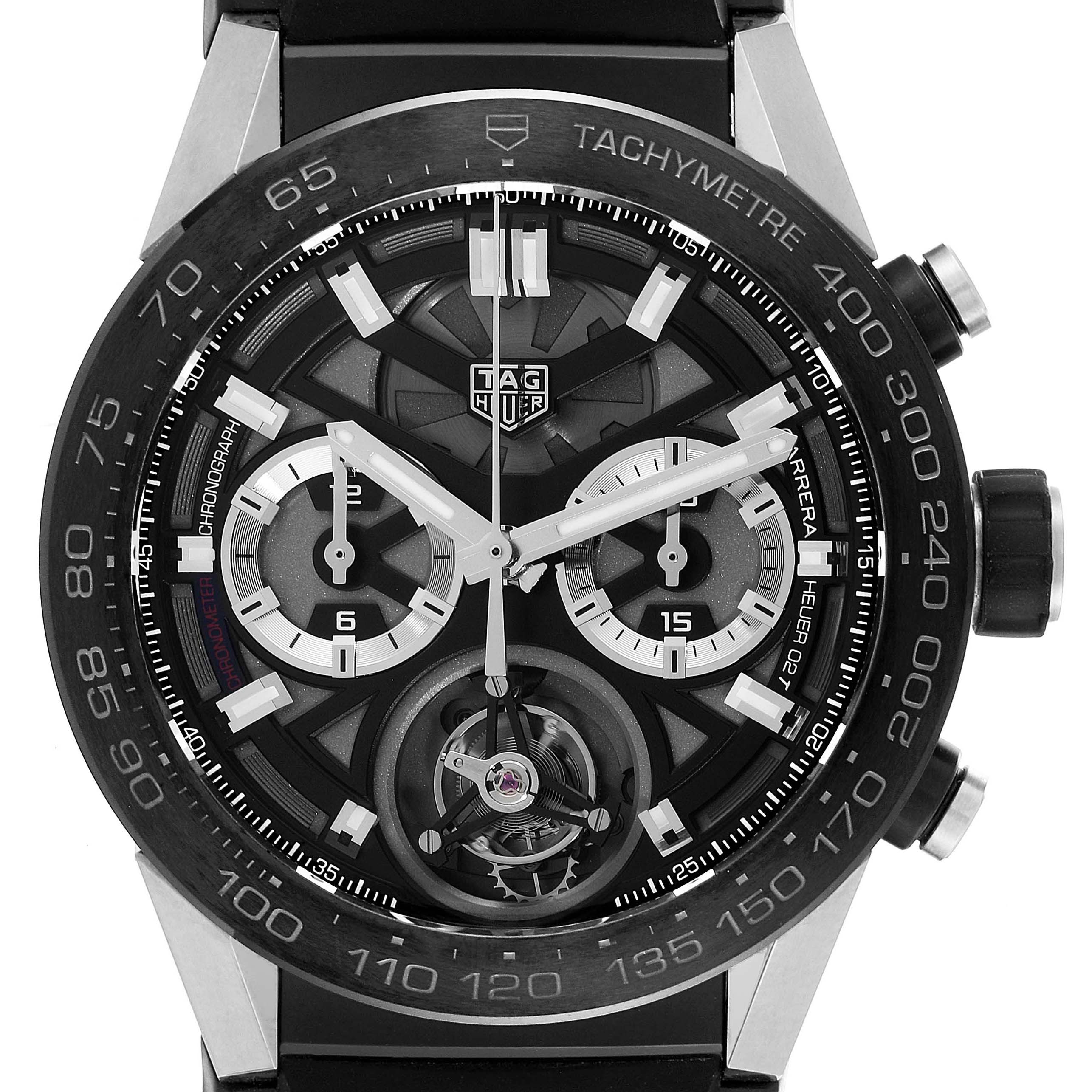 The image shows a close-up, front view of the Tag Heuer Carrera CAR5A8Y.FC6377 Men's Titanium Black Dial CAR5A8Y.FC6377 Men's Titanium Black Dial watch, highlighting its detailed dial and tachymeter bezel.