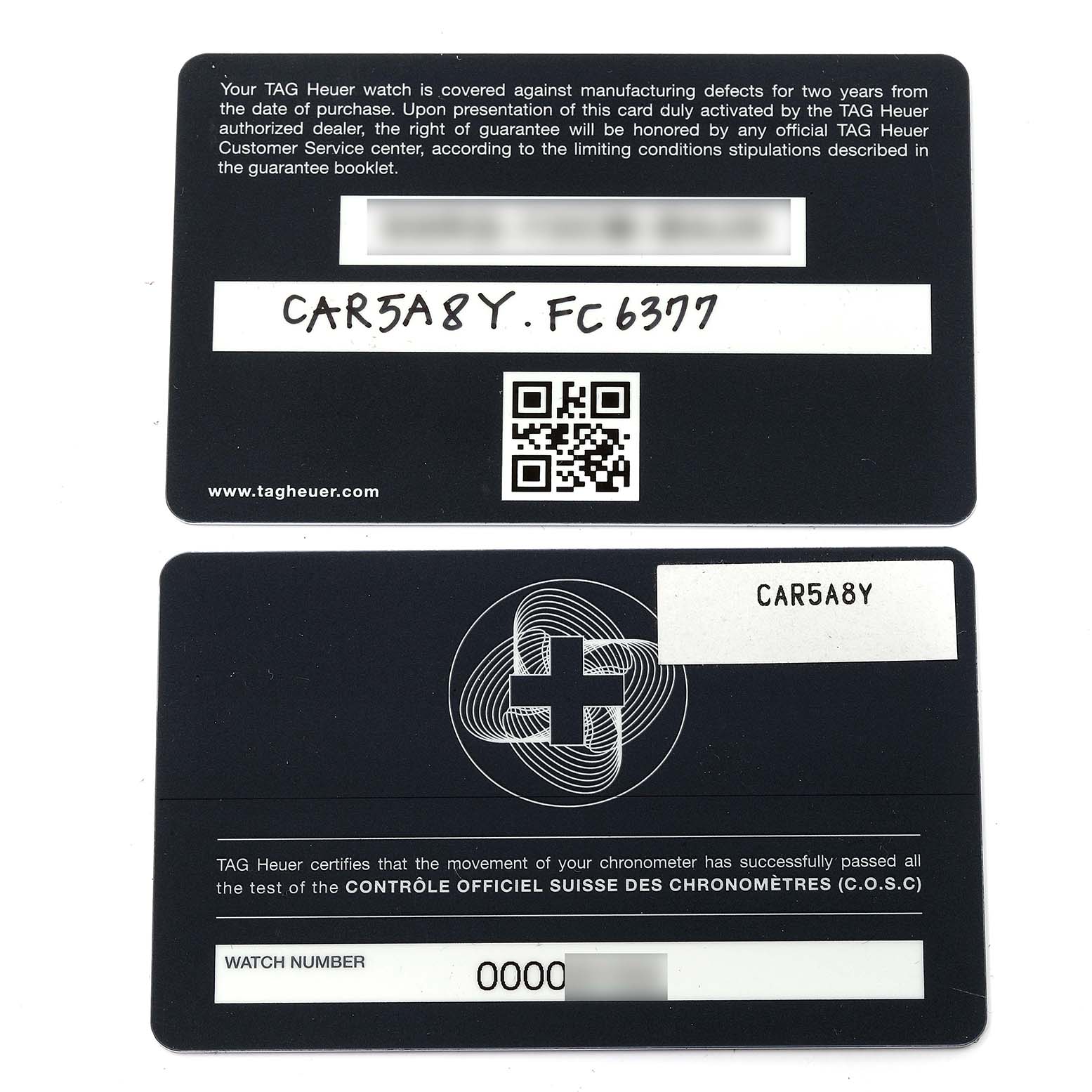 The image shows two warranty cards for the Tag Heuer Carrera CAR5A8Y.FC6377 Men's Titanium Black Dial CAR5A8Y.FC6377 Men's Titanium Black Dial model, featuring watch details and certification information.